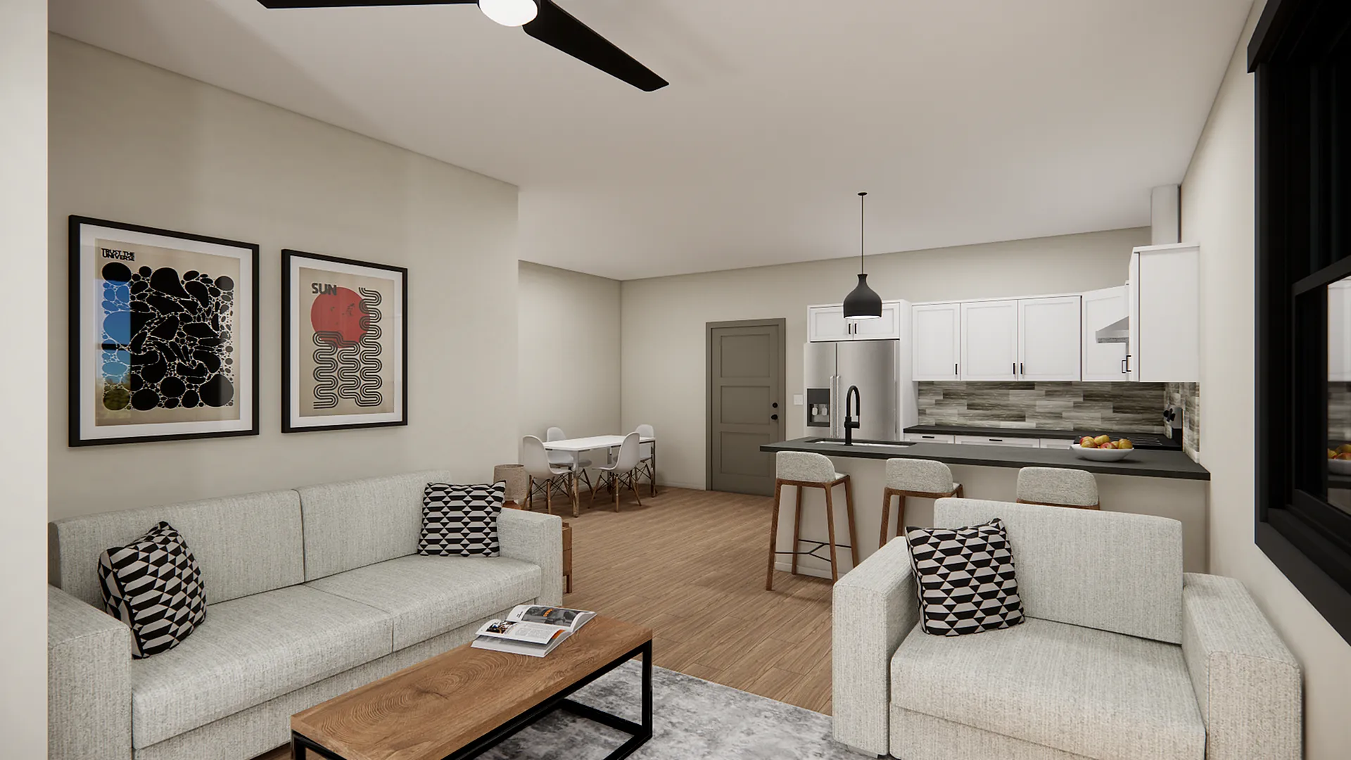 Modern living room with stylish furniture, open kitchen, and decorative artwork, offering a cozy ambiance.