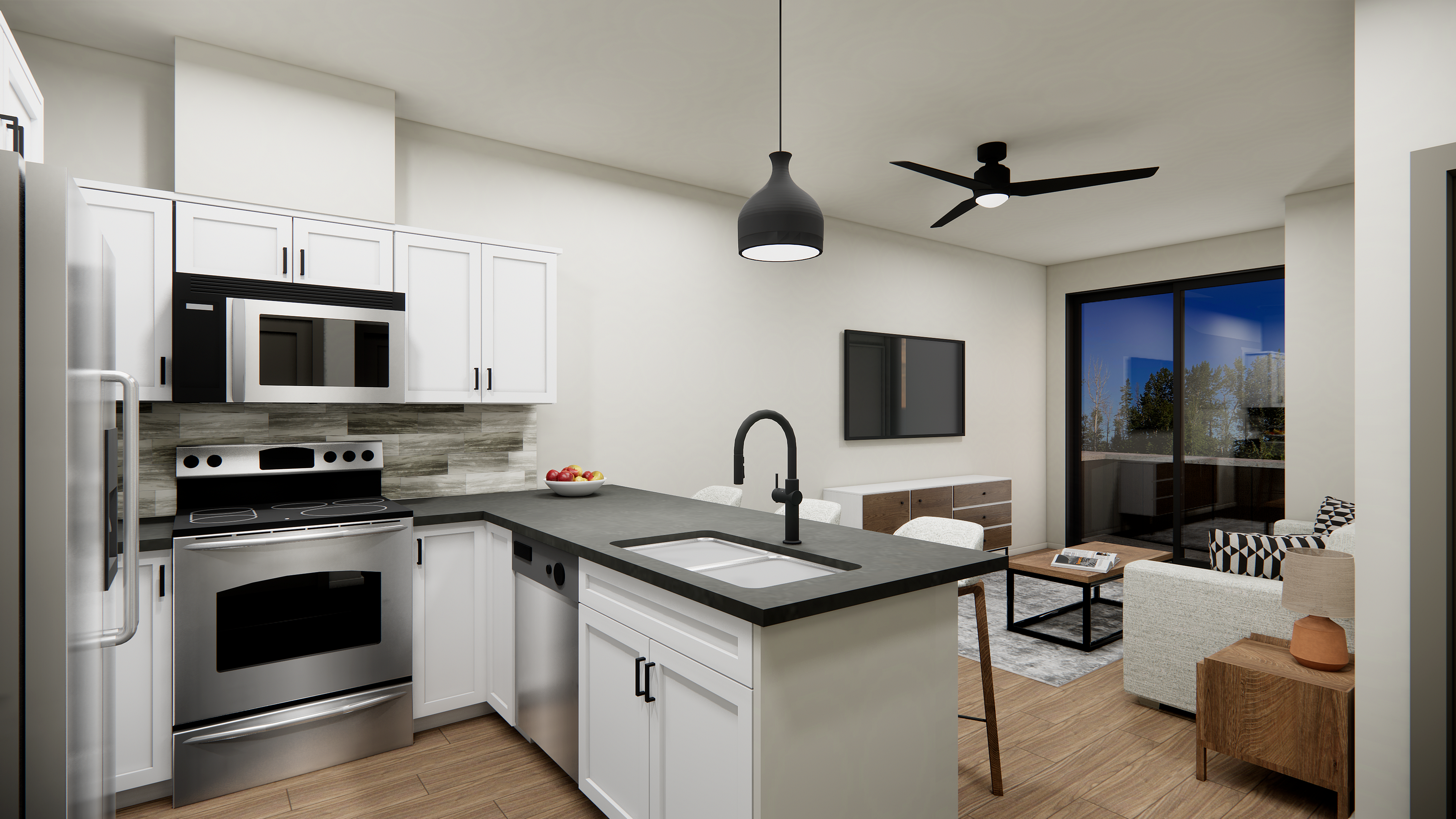 Contemporary kitchen with sleek appliances and open living area with a large window view.