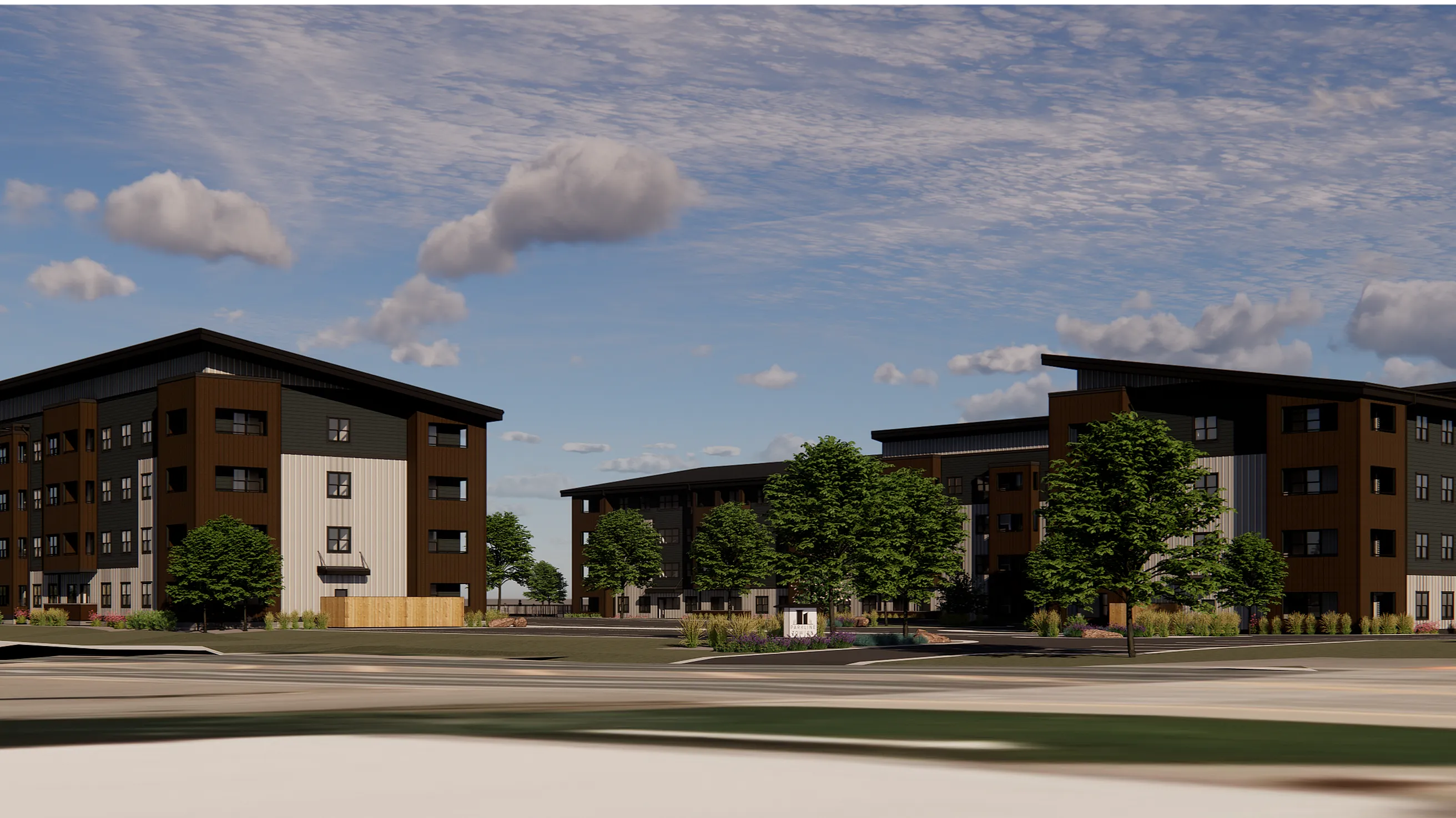 Contemporary apartment buildings with stylish architecture and surrounding landscaping.