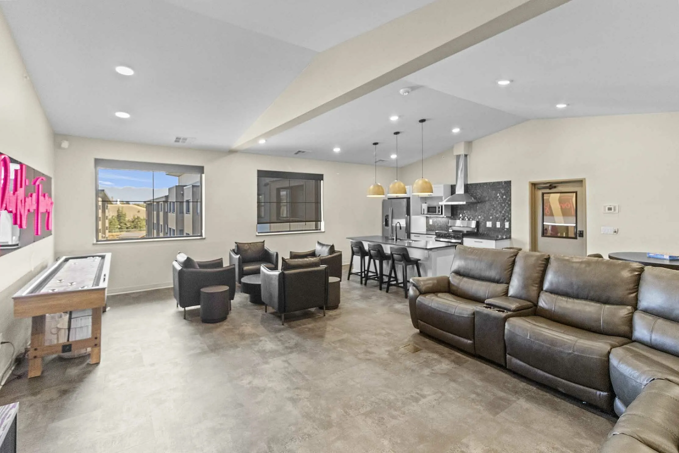 Modern open-concept living area with cozy seating, sleek kitchen, and large windows for natural light.