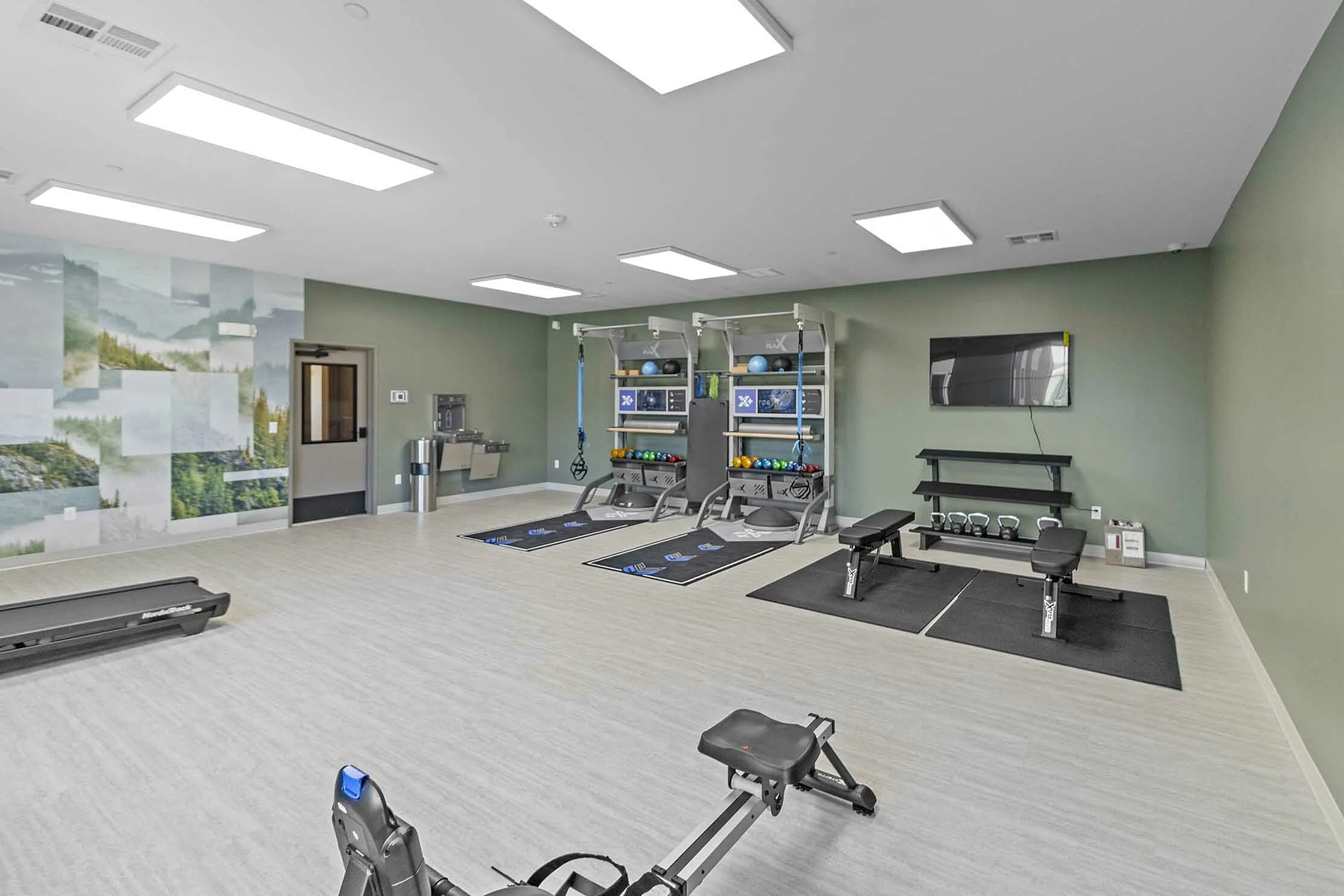 Spacious modern gym with sleek equipment, vibrant wall design, and ample workout space for a refreshing fitness experience.