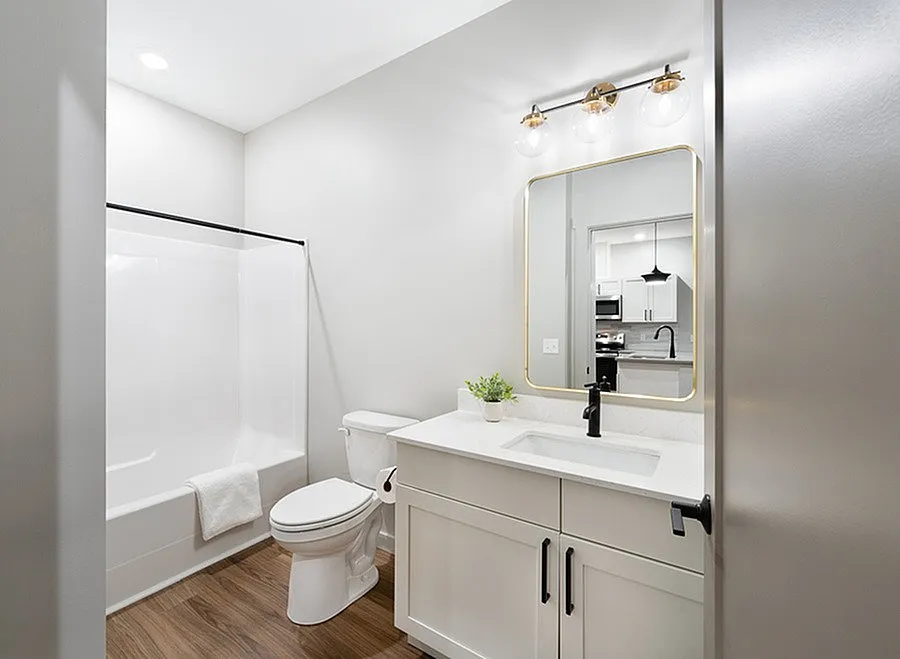 Modern bathroom with elegant light fixtures, a sleek vanity, and a spacious bathtub, complemented by a stylish mirror and warm wood flooring.