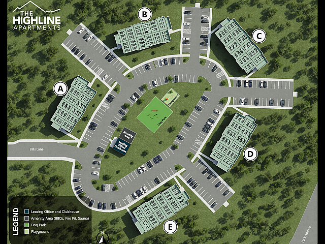 Aerial view of The Highline Apartments showing five buildings, parking spaces, and a central amenity area with a playground and dog park.