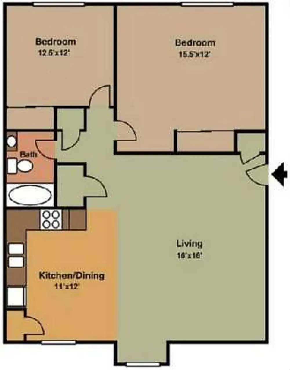 2 bedroom, 1 bathroom (C)