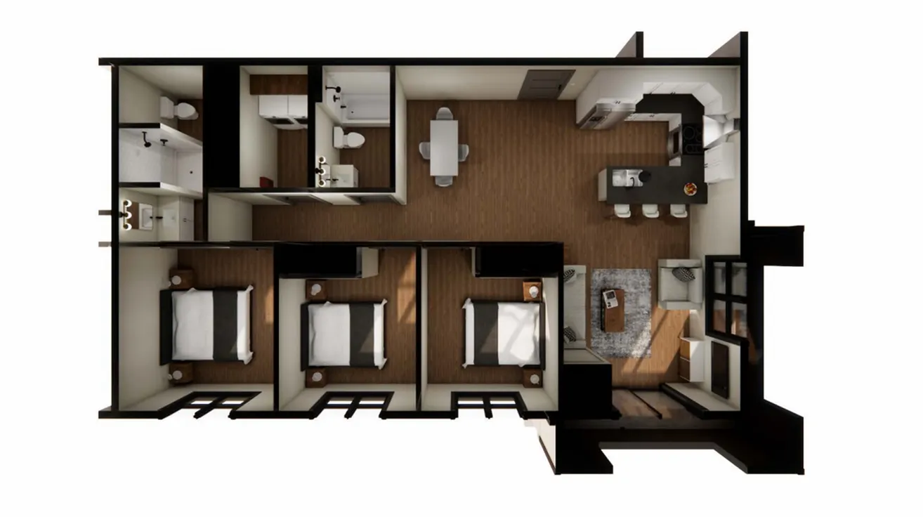Contemporary floor plan with three bedrooms, an open kitchen, and a cozy living room.