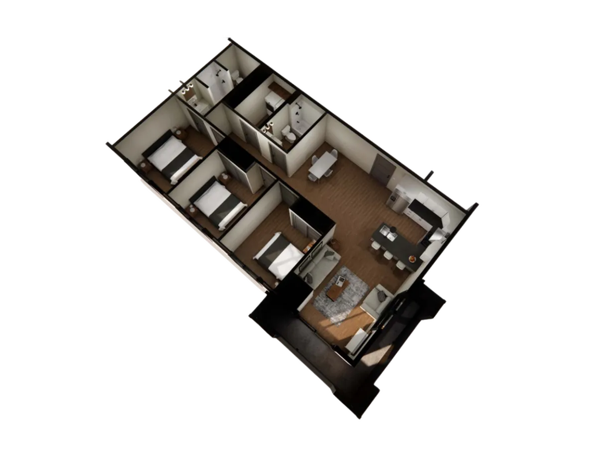 3D floor plan of a modern apartment featuring three bedrooms, a sleek kitchen, and a cozy living area.