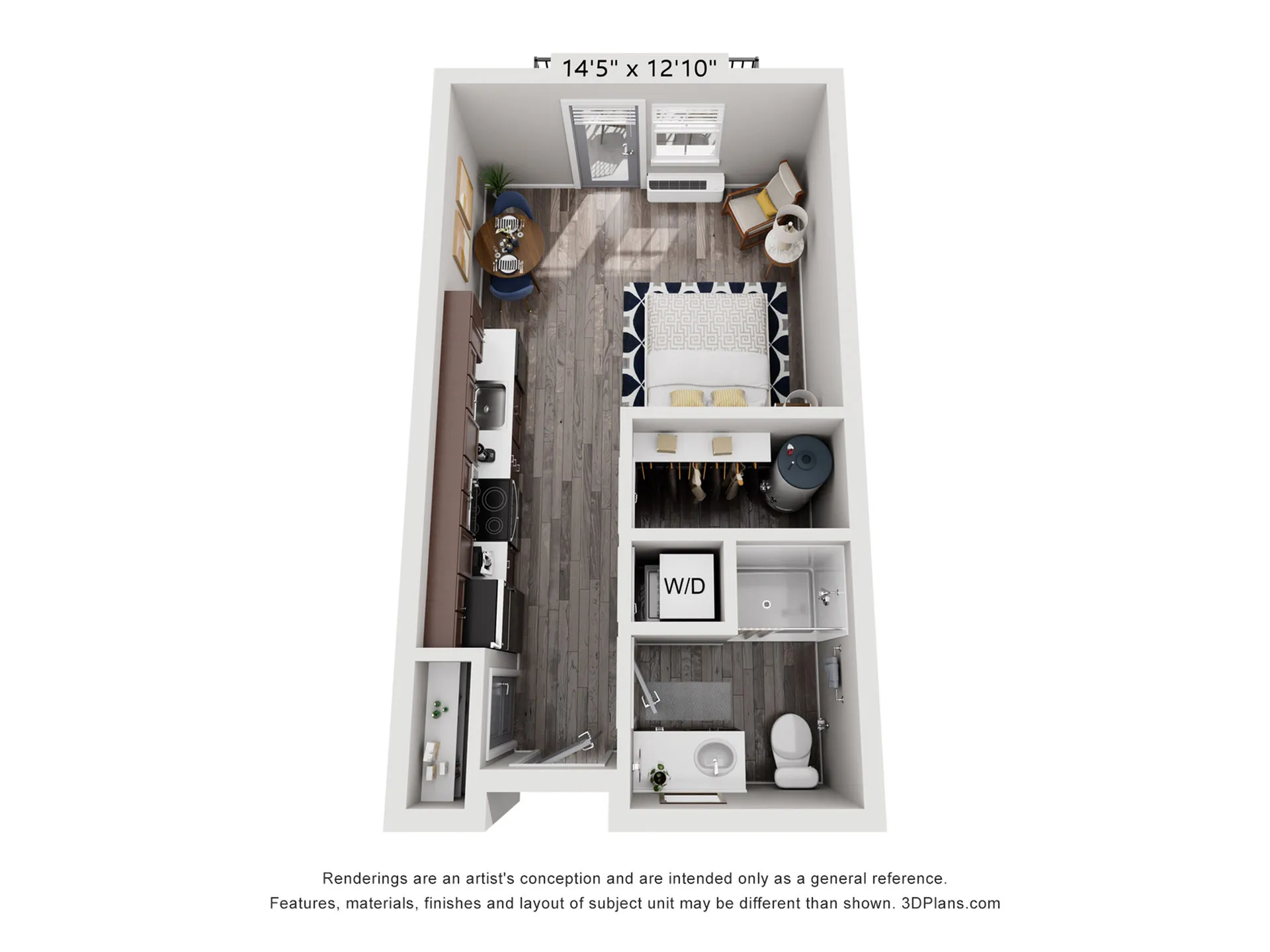 Modern studio apartment floor plan with open-concept layout, featuring a cozy living area, sleek kitchen, and integrated washer/dryer unit.