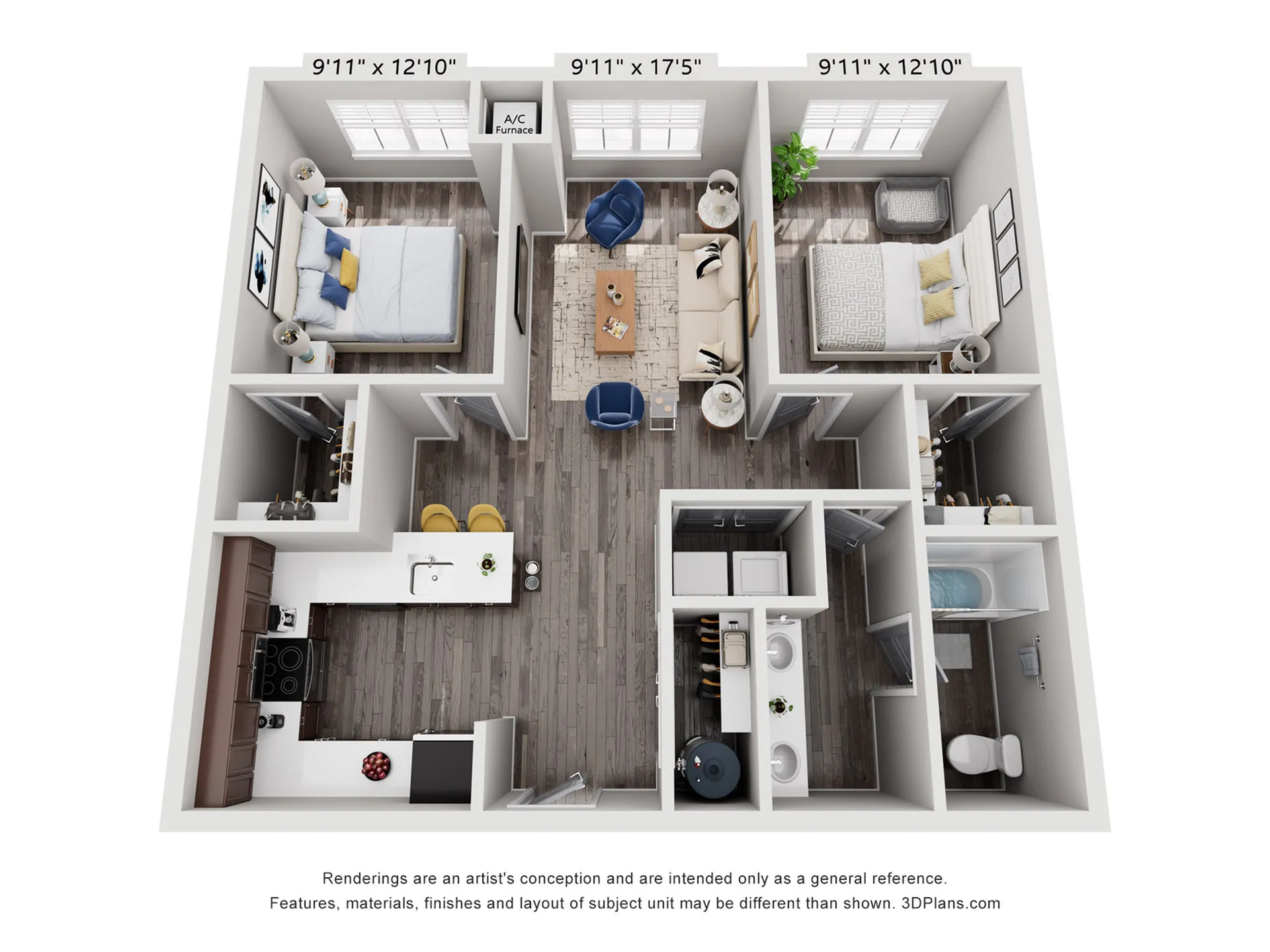 Chic 3D floor plan showcasing 2 bedrooms, a modern kitchen, and inviting living space, ideal for harmonious living.