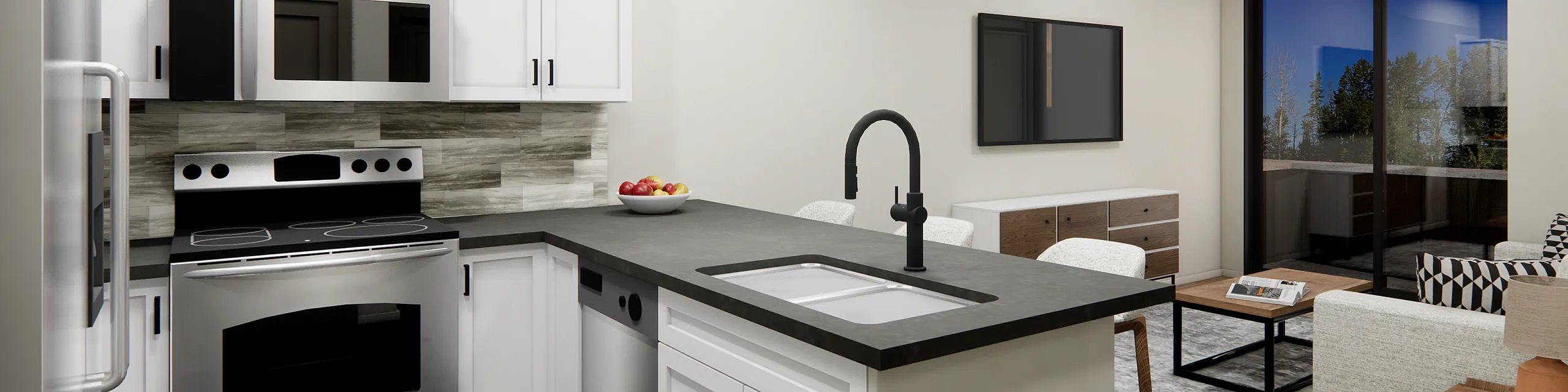 Modern kitchen with sleek appliances and an inviting living room with large windows.