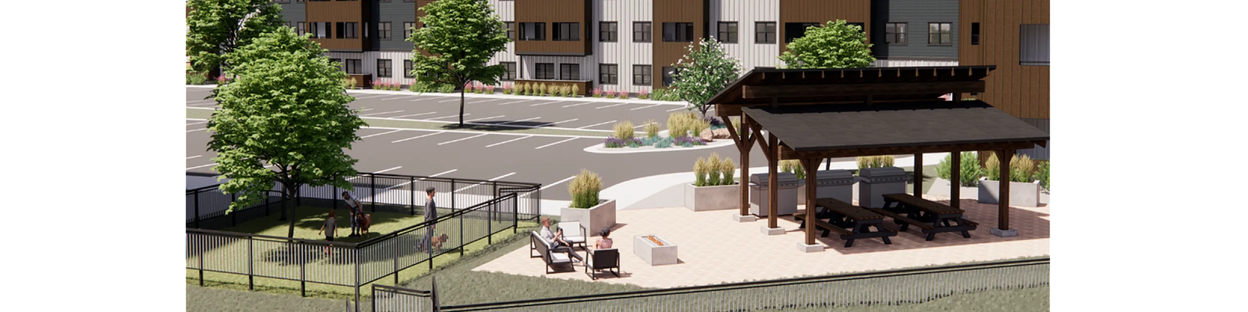 Modern residential complex with outdoor seating and lush greenery in the foreground.