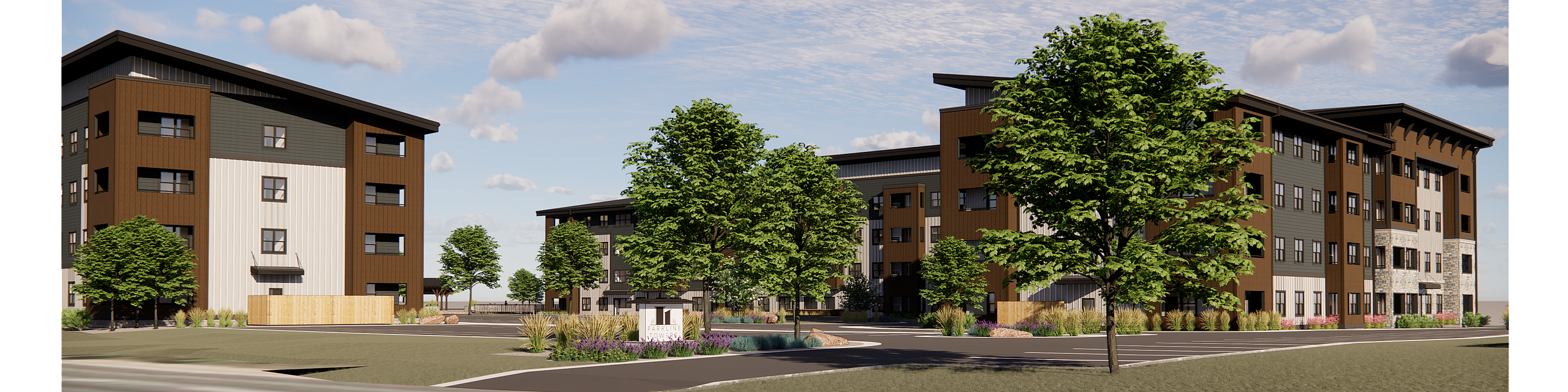 Chic apartment complex with modern architecture, surrounded by lush green trees and a clear sky.