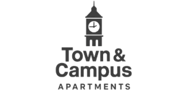Elegant logo for Town & Campus Apartments featuring a classic clock tower design.