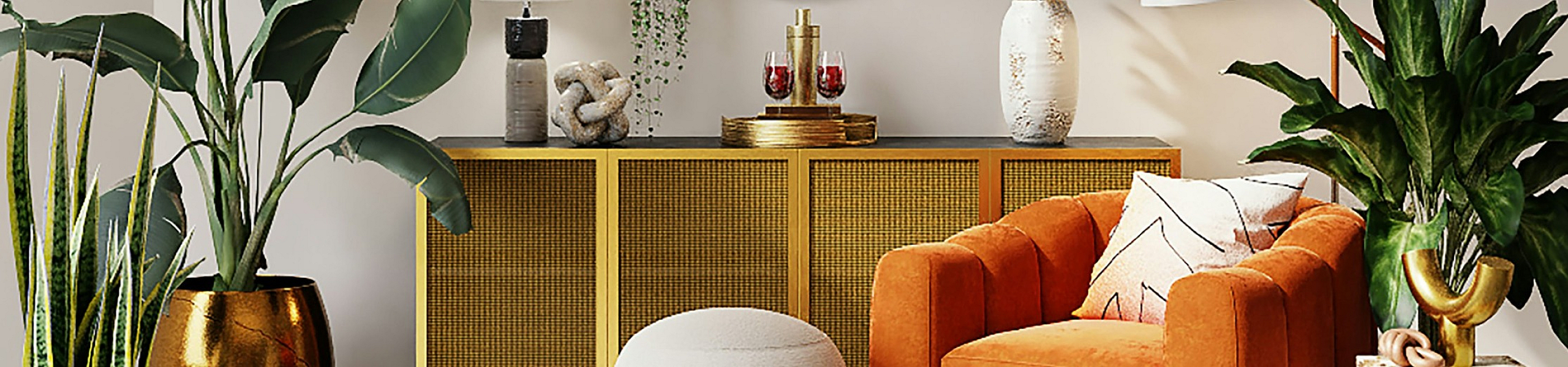 Inviting living room with modern decor featuring a vibrant orange armchair, elegant plants, and a chic yellow sideboard.