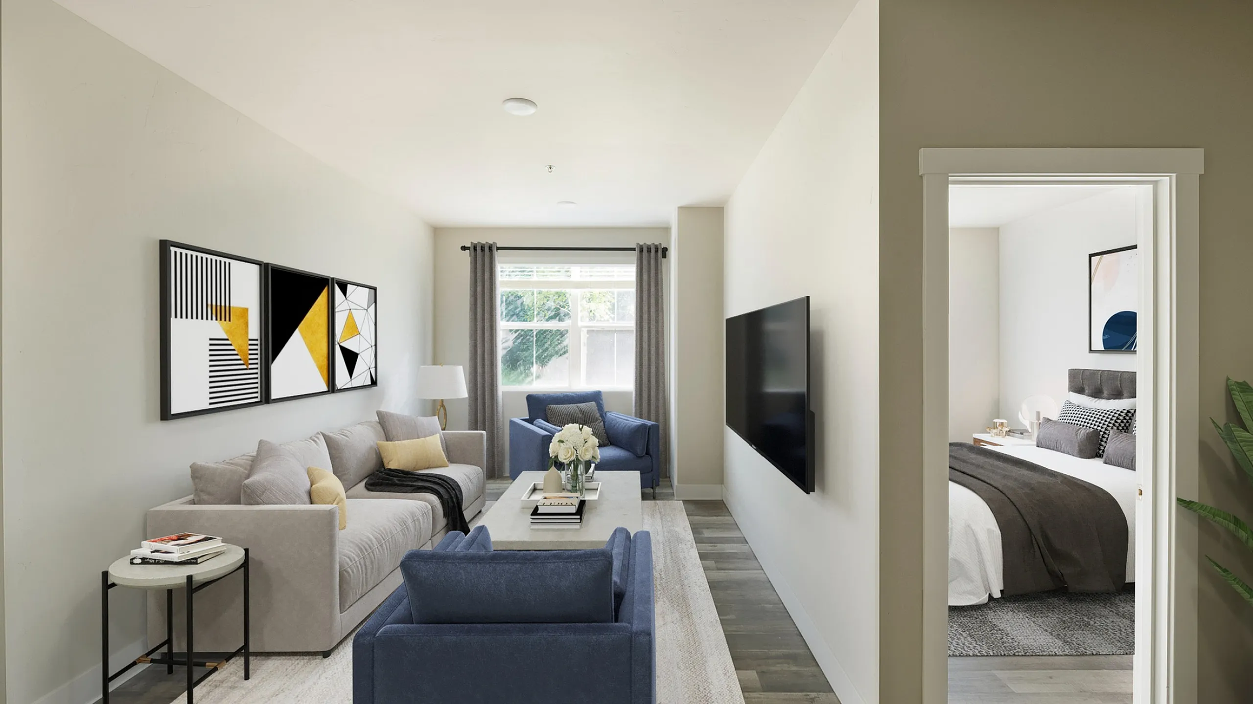 Contemporary apartment with elegant living room, stylish decor, and cozy bedroom, offering a spacious and inviting atmosphere.