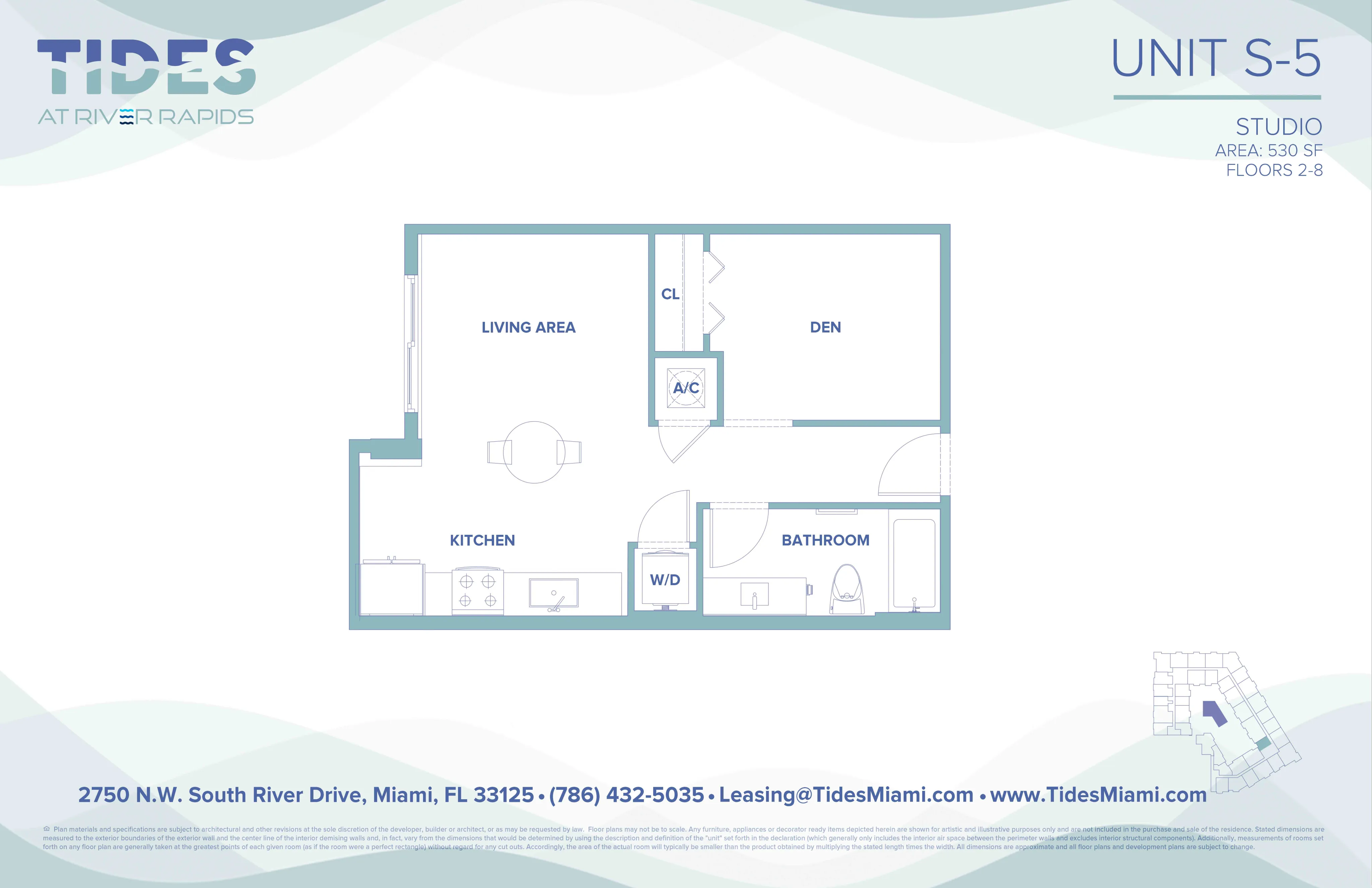 Modern studio floor plan at Tides at River Rapids, featuring a spacious living area, kitchen, den, and bathroom within 530 sq ft.