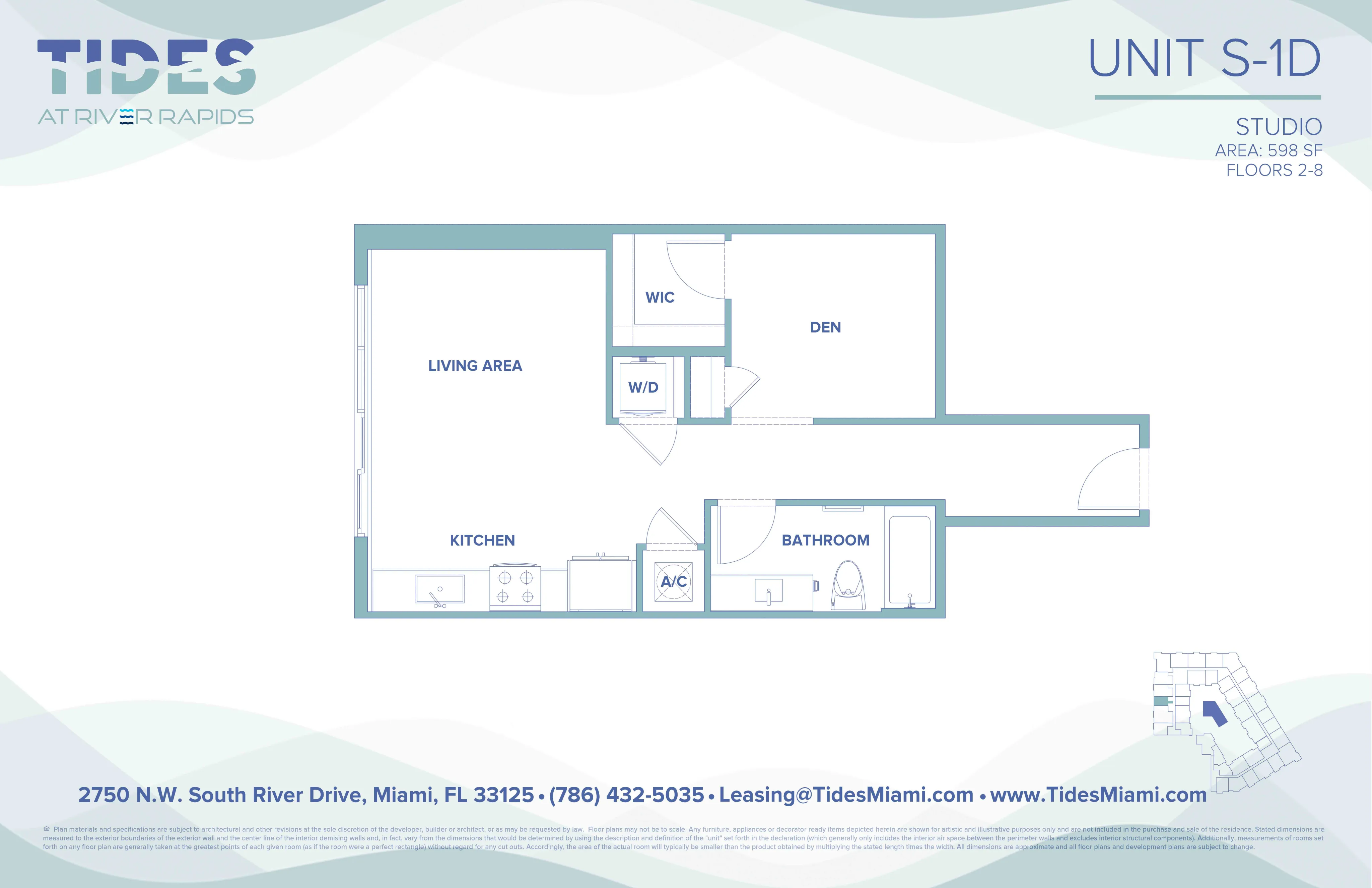 Modern studio floor plan at Tides at River Rapids featuring an open living area, spacious kitchen, den, and bathroom with 598 sq ft of space in Miami.