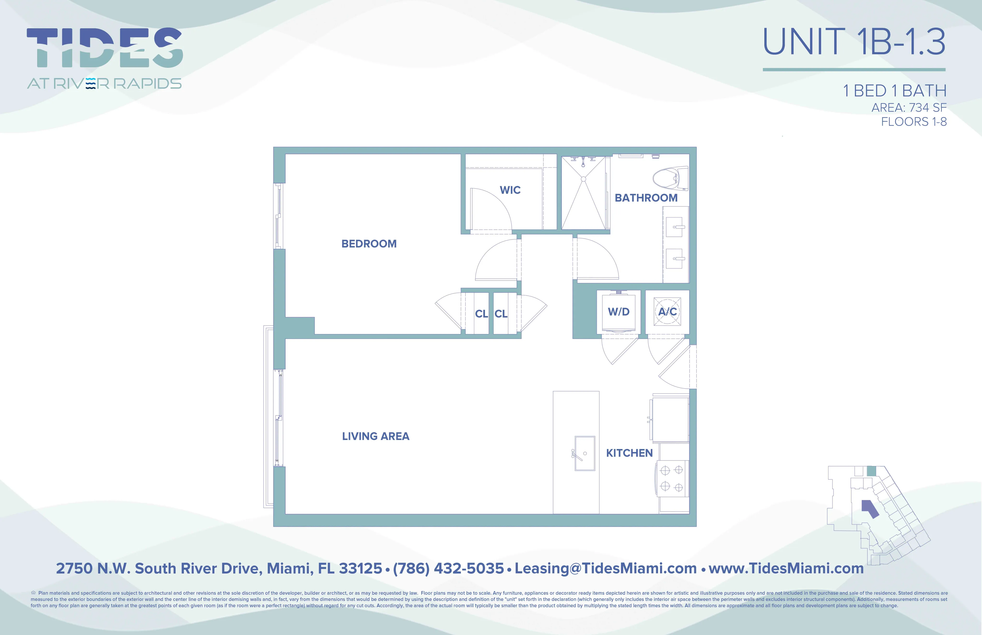 Tides at River Rapids Unit 1B-1.3 floor plan showcasing a modern 1 bedroom, 1 bathroom layout with a spacious living area, stylish kitchen, and convenient W/D setup in 734 sq ft.