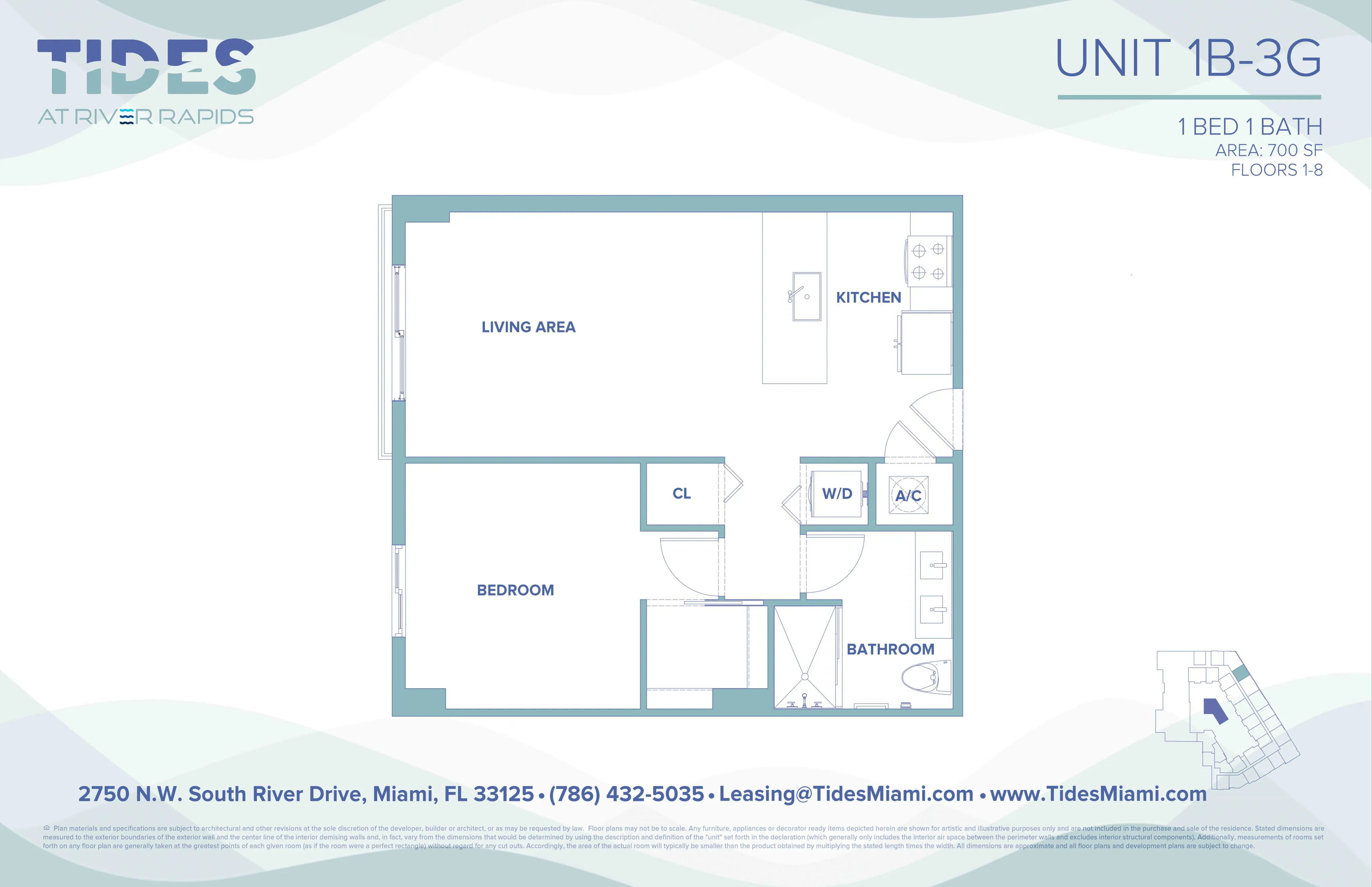 Tides at River Rapids unit 1B-3G floor plan showcasing 1 bedroom, 1 bathroom, spacious living area, and modern kitchen in a 700 sq ft layout.