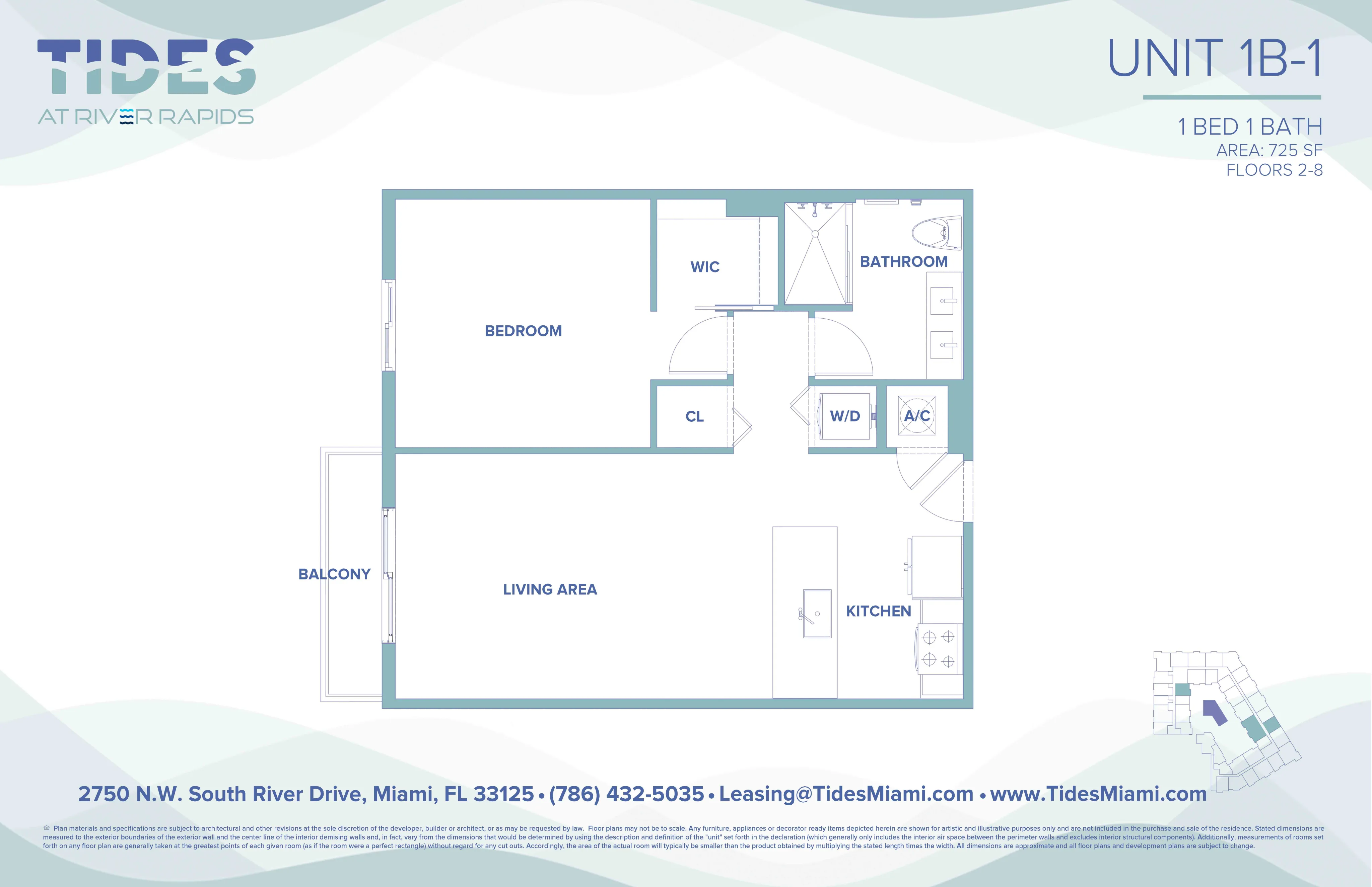 Tides at River Rapids Unit 1B-1 floor plan showcasing a spacious 1 bedroom, 1 bathroom layout. Features include a walk-in closet, functional kitchen, open-concept living area, and a charming balcony, perfect for enjoying Miami views. Total area is 725 sq ft.