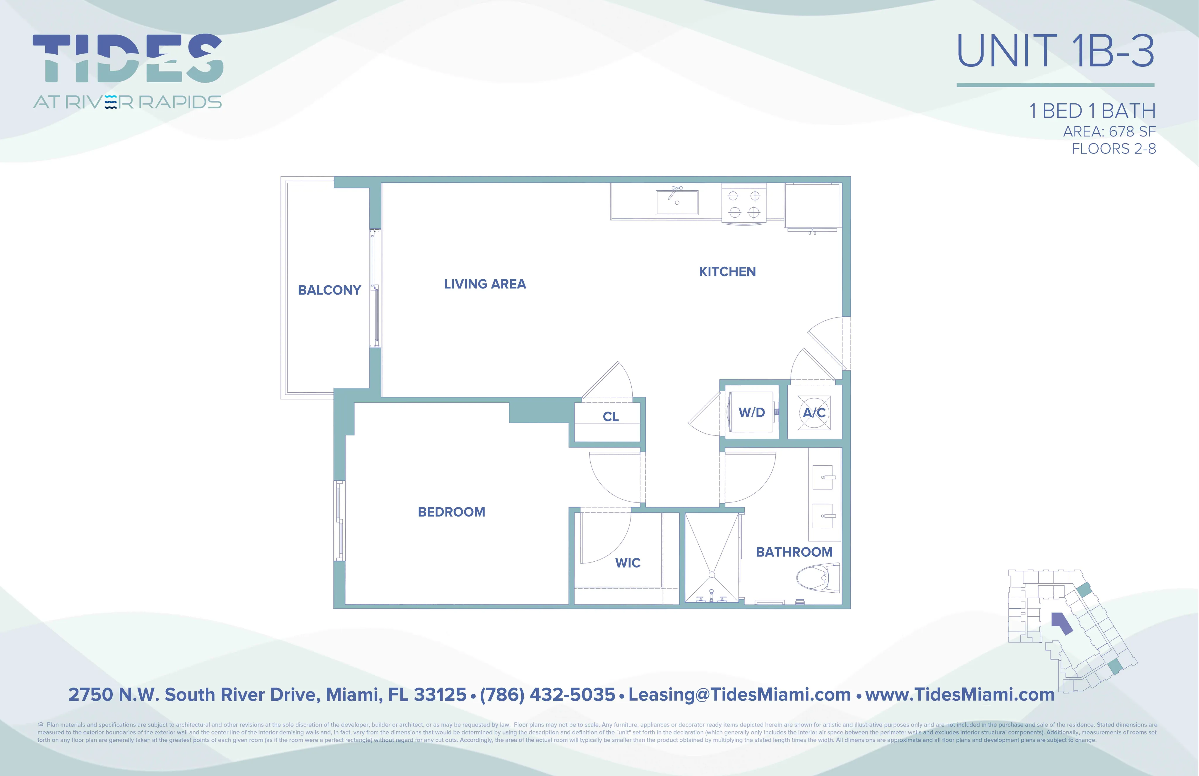 Modern floor plan of Unit 1B-3 at Tides at River Rapids, featuring 1 bedroom, an open-concept living area, kitchen, and a private balcony. Compact 678 sq ft layout with convenient amenities like a walk-in closet and washer/dryer.