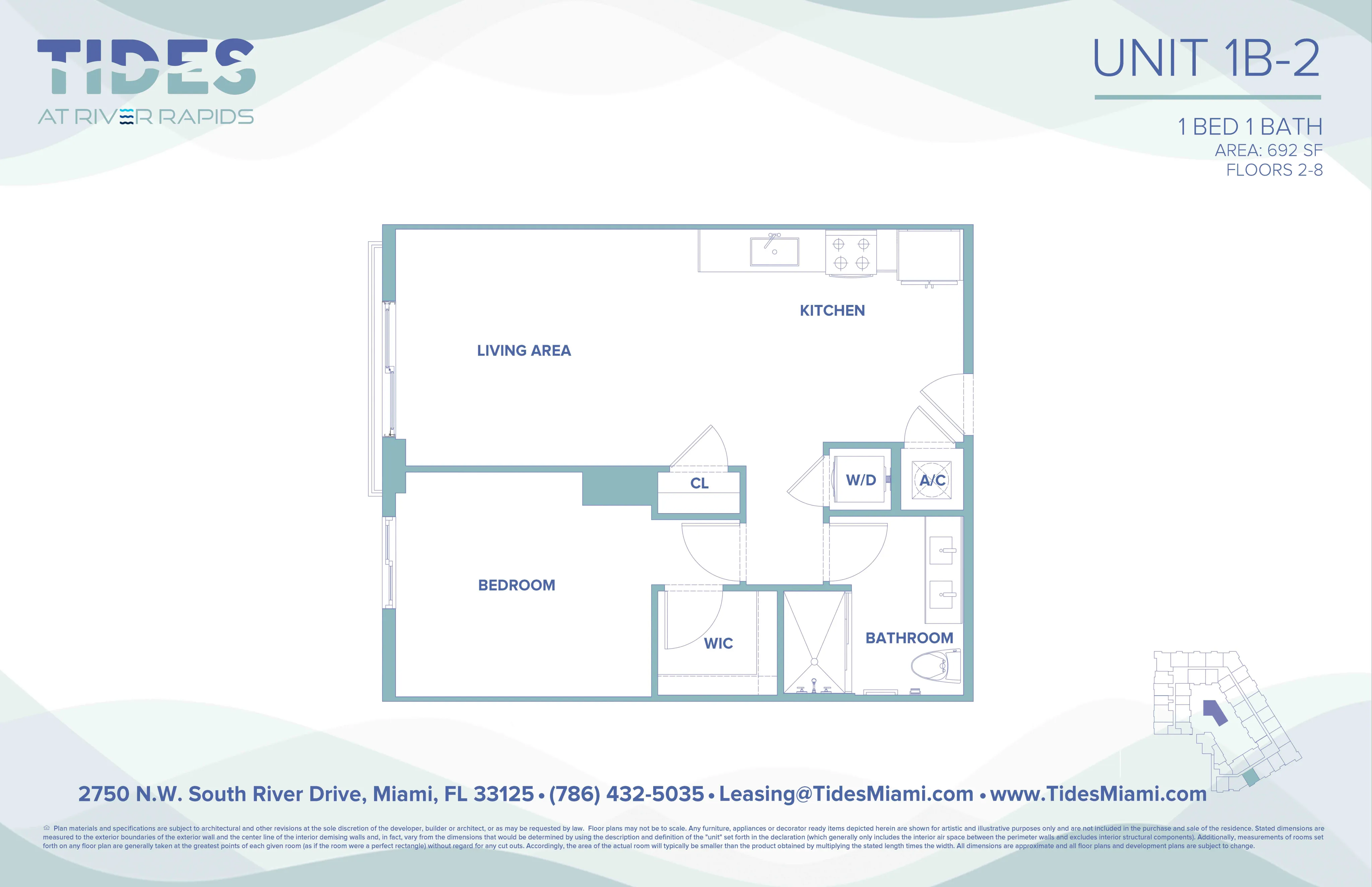 Tides at River Rapids Unit 1B-2 floor plan with 1 bedroom, a spacious living area, modern kitchen, and bathroom. Includes walk-in closet and laundry. Ideal 692 sq ft layout for comfortable living in Miami, FL.