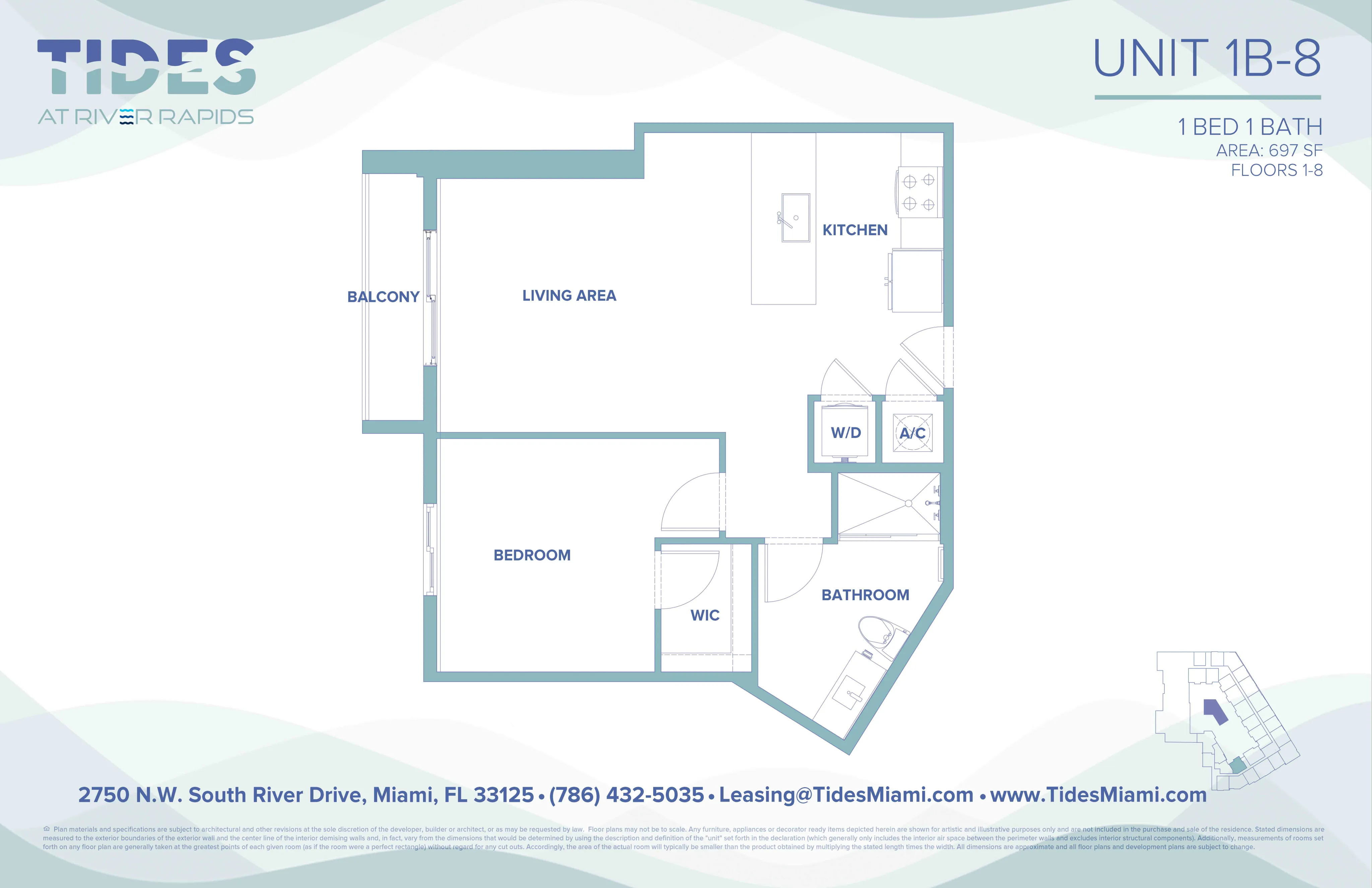 Modern 1-bedroom floor plan at Tides at River Rapids featuring a spacious living area, a sleek kitchen, and a private balcony in Miami, 697 sq ft.
