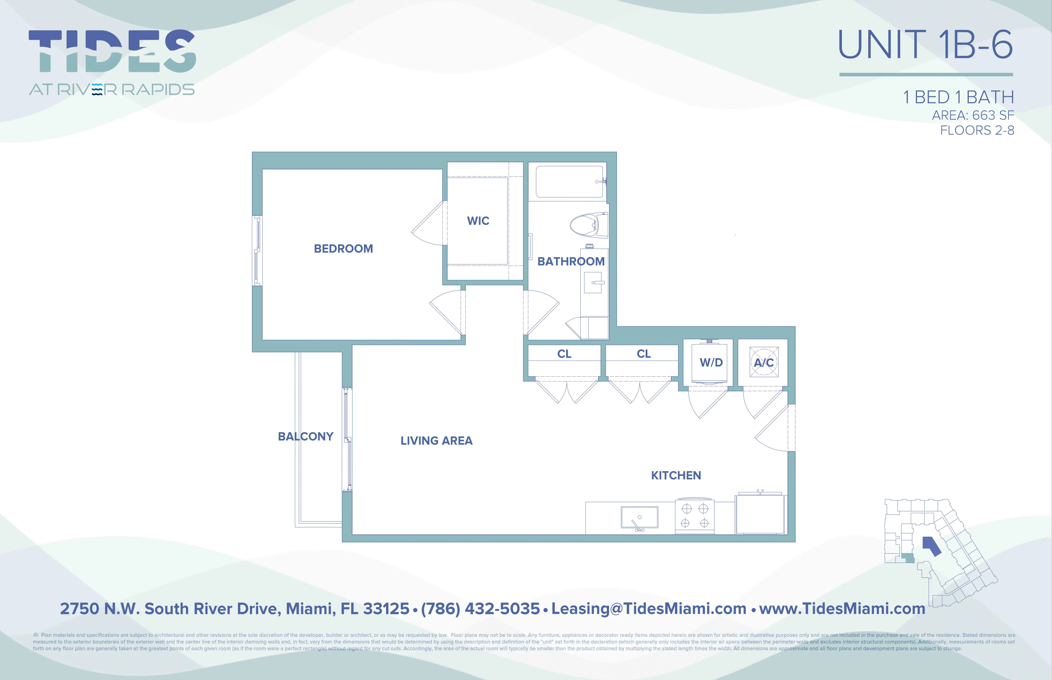 Modern floor plan for Tides at River Rapids, Unit 1B-6, featuring 1 bedroom, 1 bath, a spacious living area, kitchen, and balcony, in 663 sq ft.