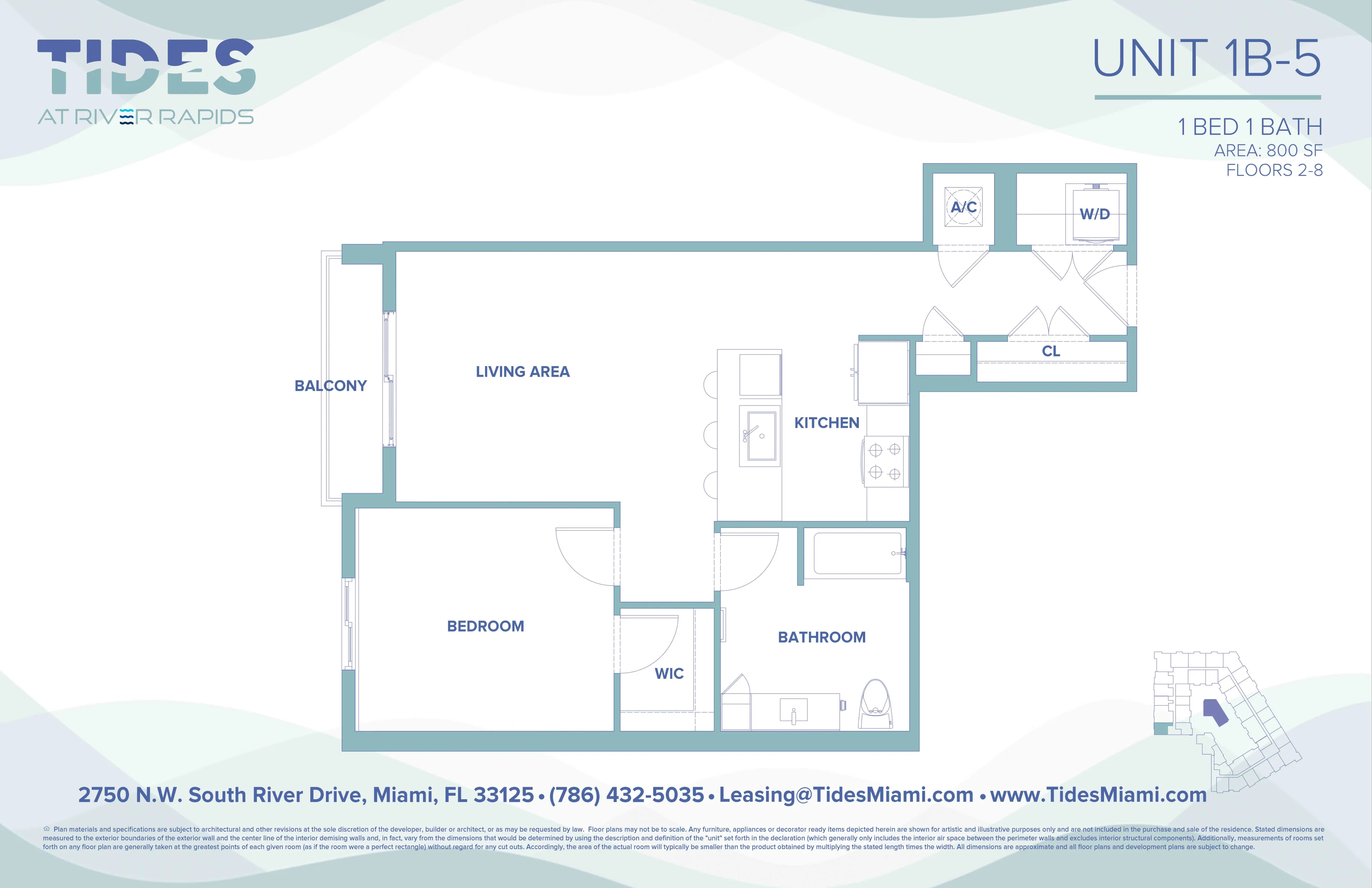 Modern 2D floor plan of Tides at River Rapids Unit 1B-5, featuring 1 spacious bedroom, 1 bath, open living area, kitchen and private balcony in an 800 sq ft layout.