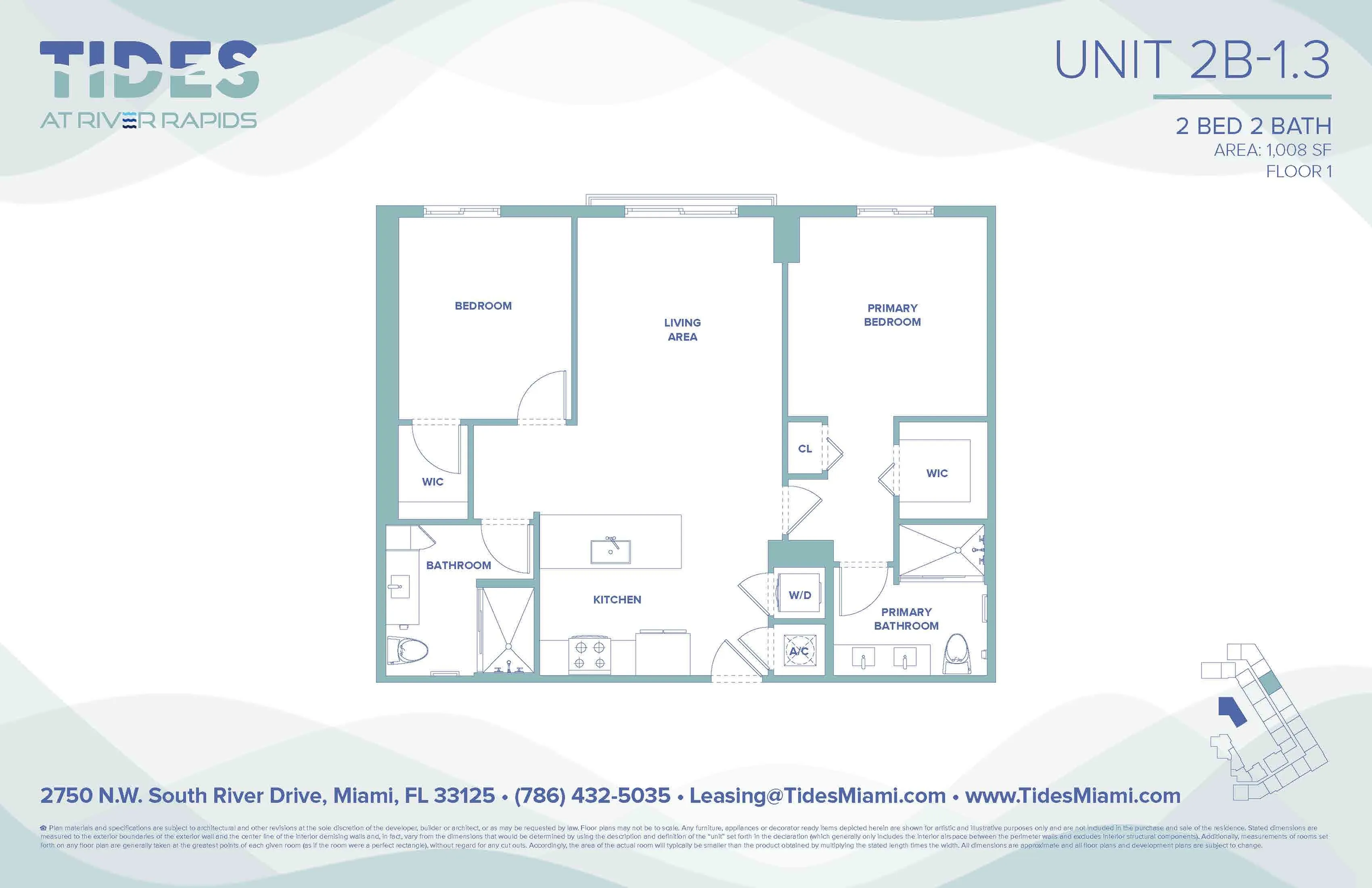 Modern floor plan of Tides at River Rapids, Unit 2B-1.3, featuring 2 bedrooms, 2 bathrooms, a spacious living area, and a contemporary kitchen. Total area of 1,008 square feet in Miami.