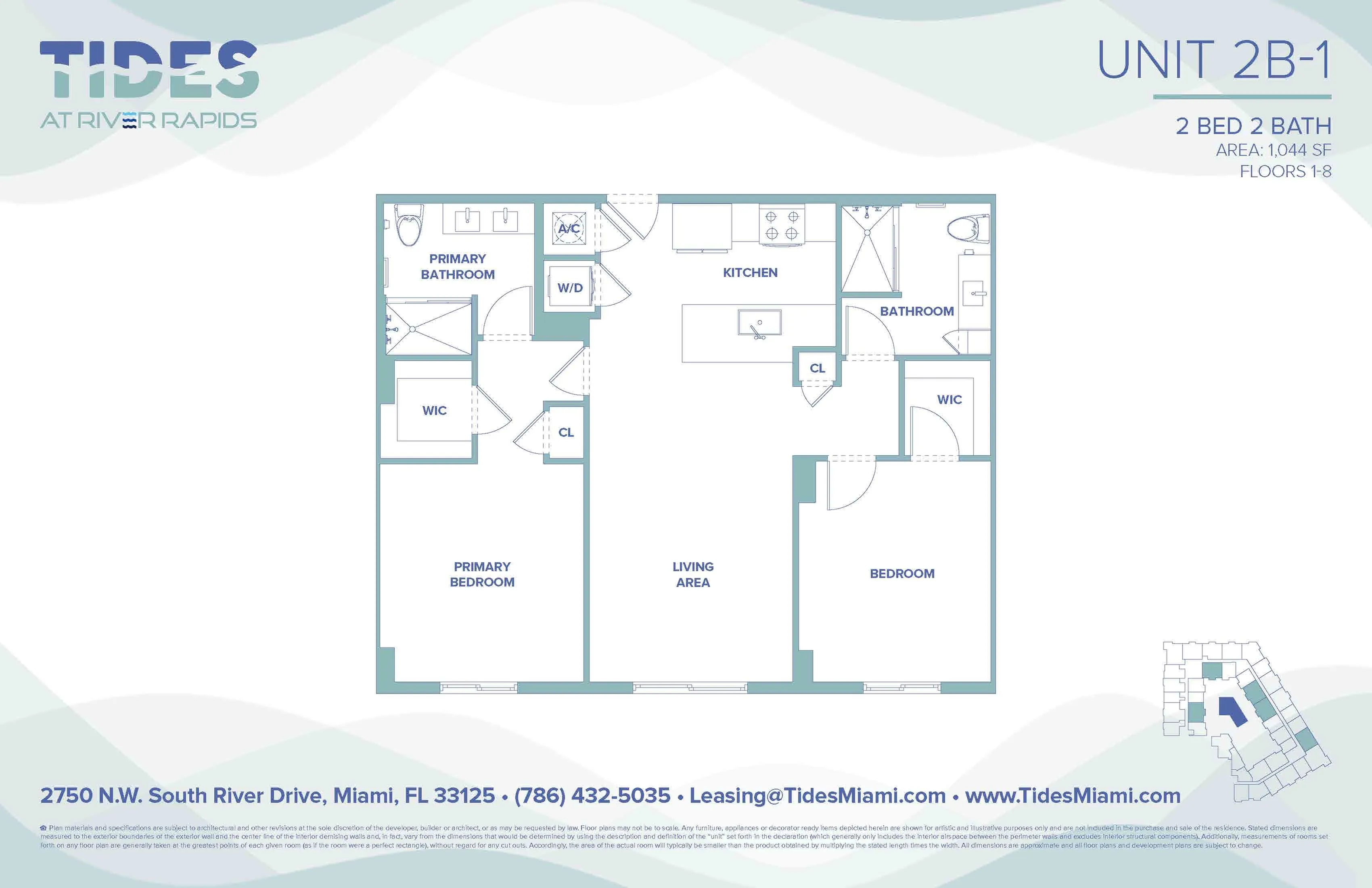 Modern floor plan for Unit 2B-1 at Tides at River Rapids, featuring 2 bedrooms, spacious living area, kitchen, and 2 bathrooms, totaling 1,044 sq ft in Miami.