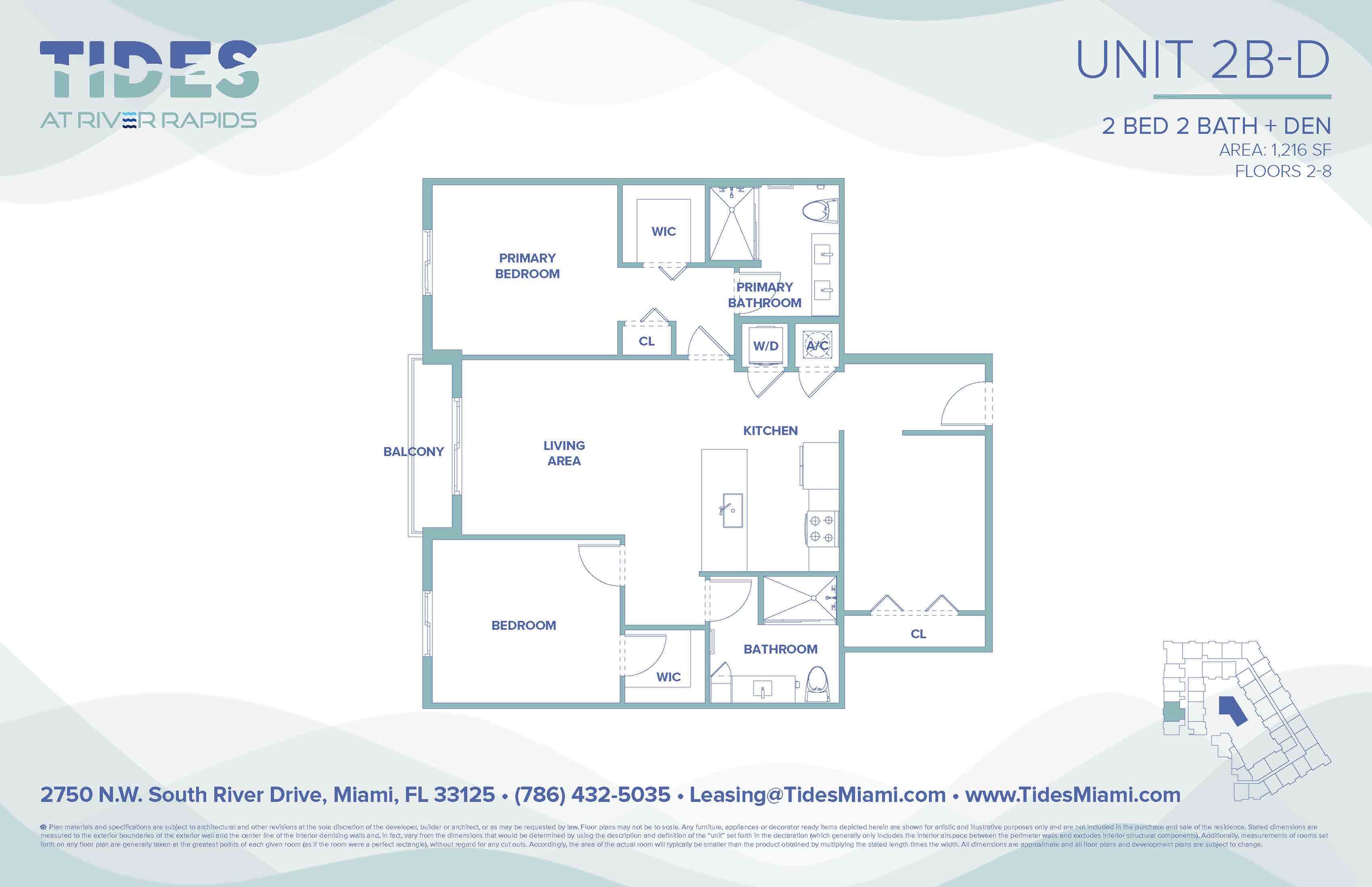 Chic 2-bedroom, 2-bathroom floor plan with den at Tides at River Rapids, featuring a spacious living area, modern kitchen, primary suite, and private balcony. 1,216 sq ft in Miami.