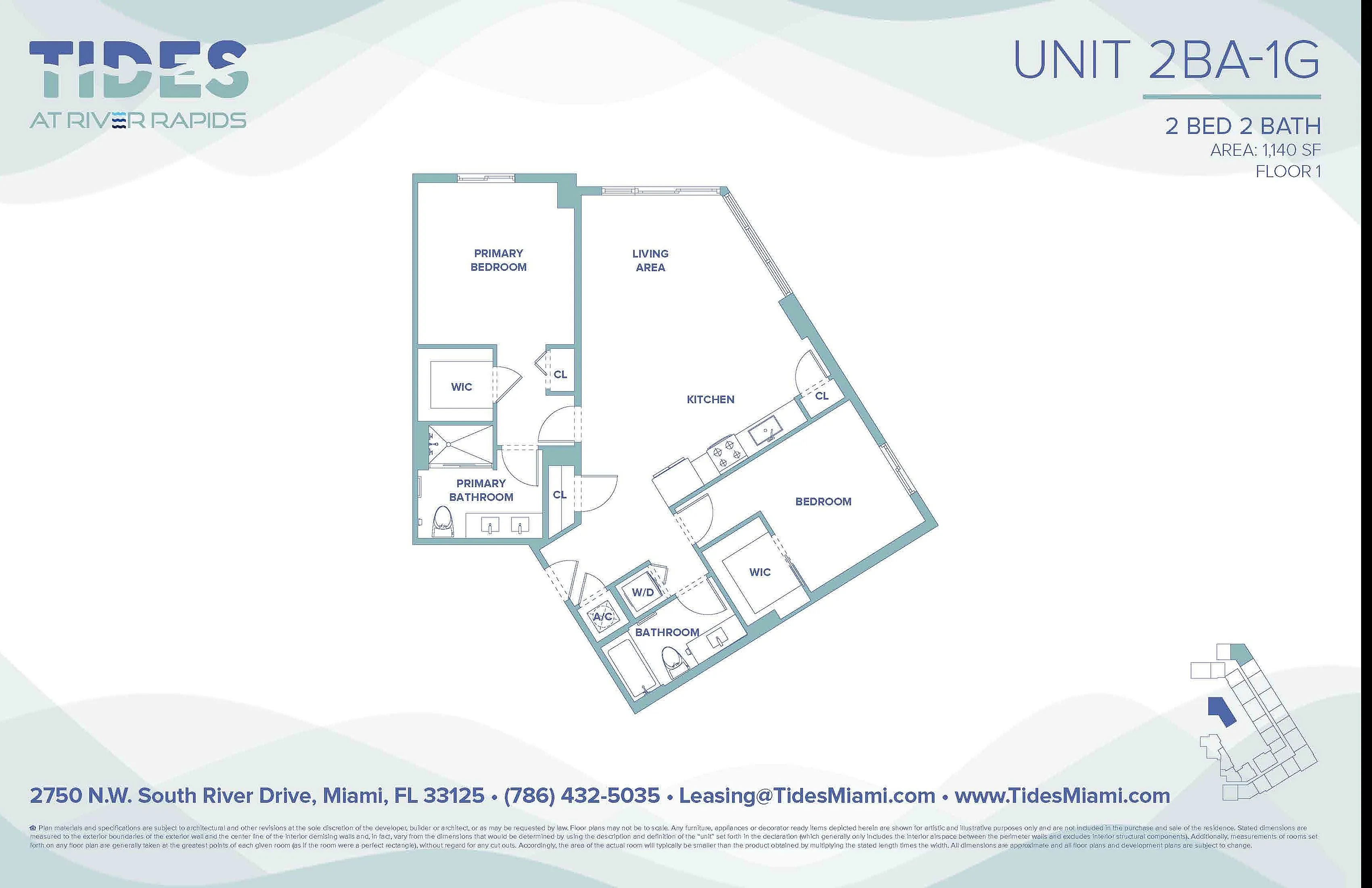 Tides at River Rapids 2-bedroom, 2-bathroom floor plan with spacious living area and modern kitchen. Offers a primary suite with en-suite bathroom and walk-in closet, ideal for comfortable living in Miami.