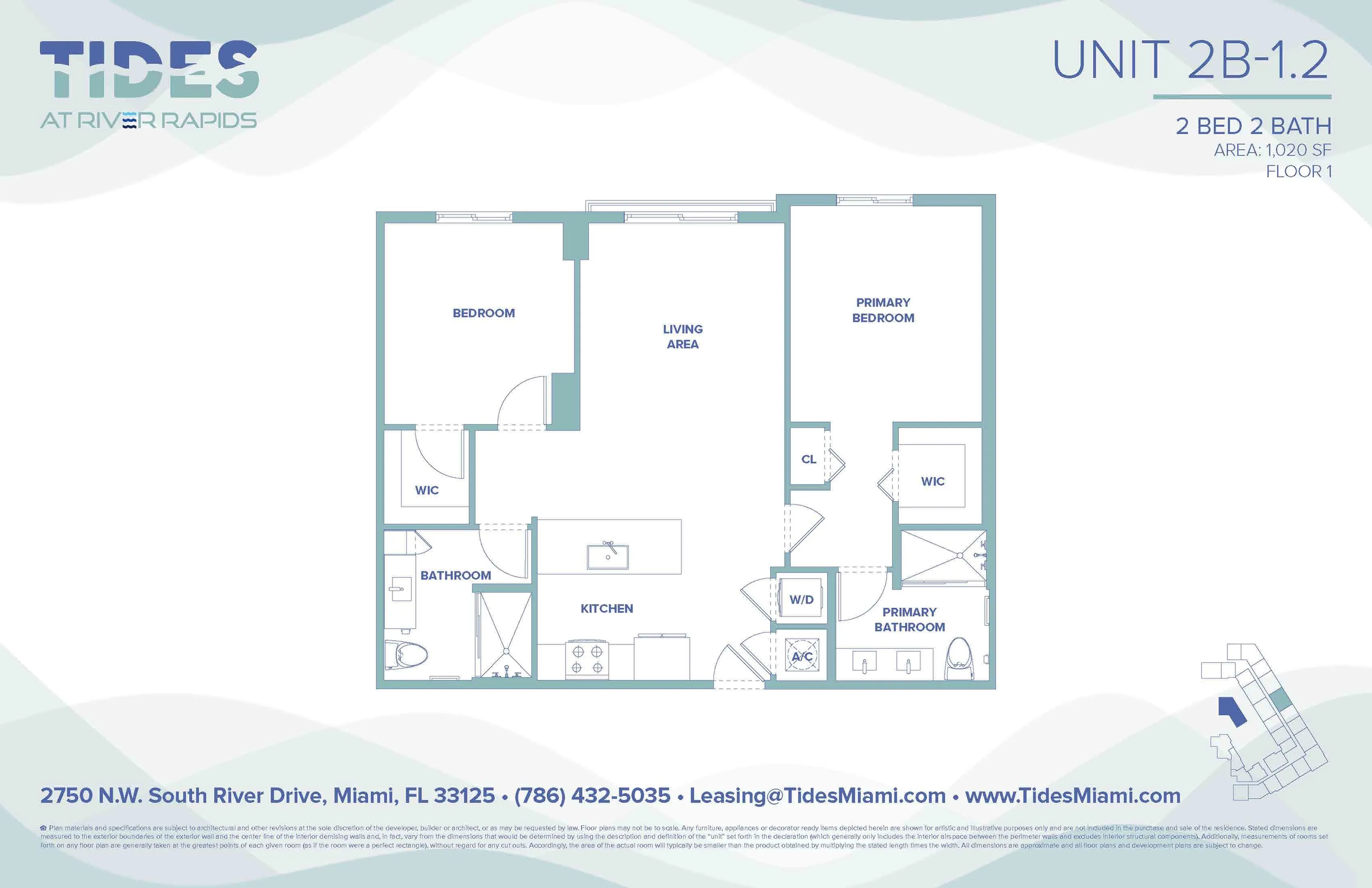 Tides at River Rapids Unit 2B-1.2 floor plan showcasing 2 bedrooms, 2 bathrooms, a spacious living area, and modern kitchen, in a 1,020 sq ft layout.