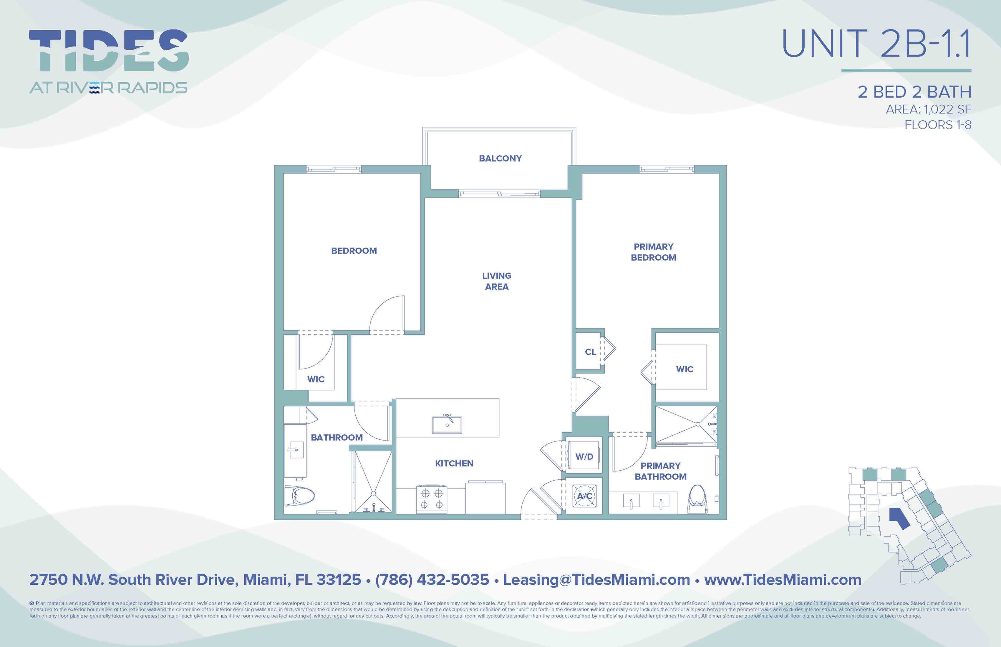 Modern Unit 2B-1.1 floor plan with 2 bedrooms, 2 bathrooms, spacious living area, and inviting balcony, covering 1,022 sq ft at Tides at River Rapids, Miami.