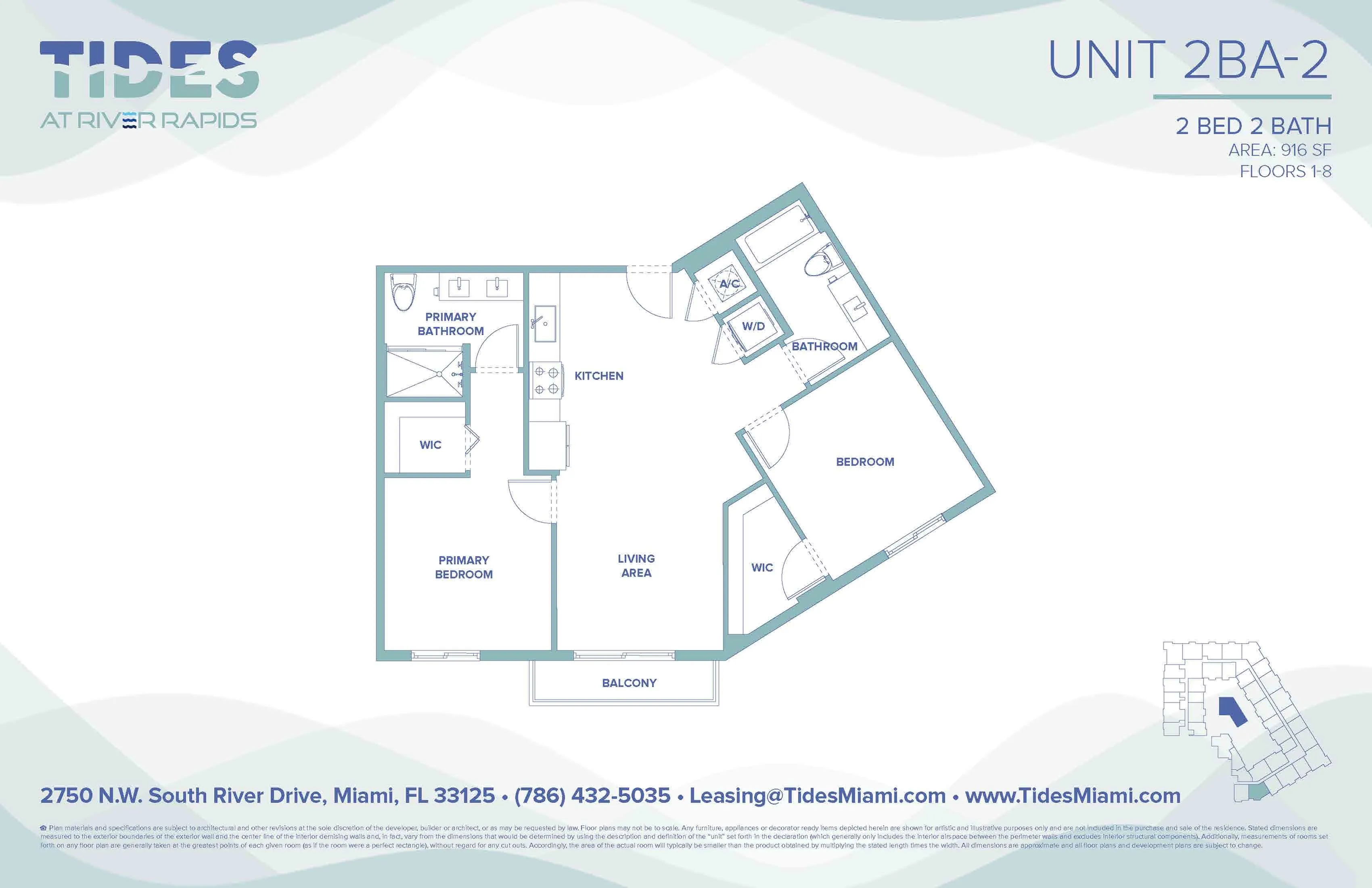 Tides at River Rapids floor plan for Unit 2BA-2, featuring 2 bedrooms, 2 bathrooms, spacious living area, and balcony, covering 916 sq ft in Miami.