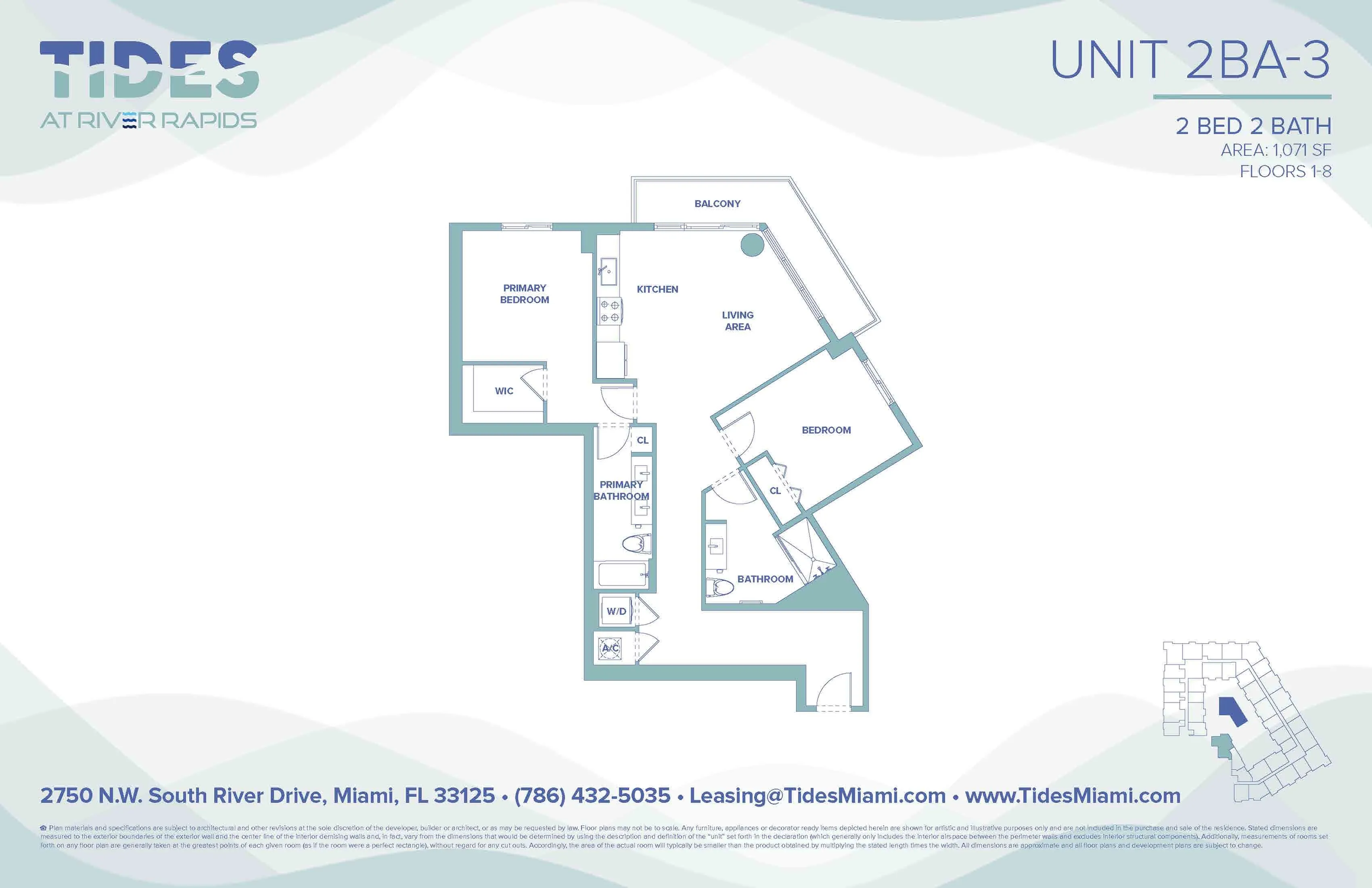 Modern 2-bedroom, 2-bath floor plan at Tides at River Rapids featuring a spacious living area, kitchen, and private balcony.