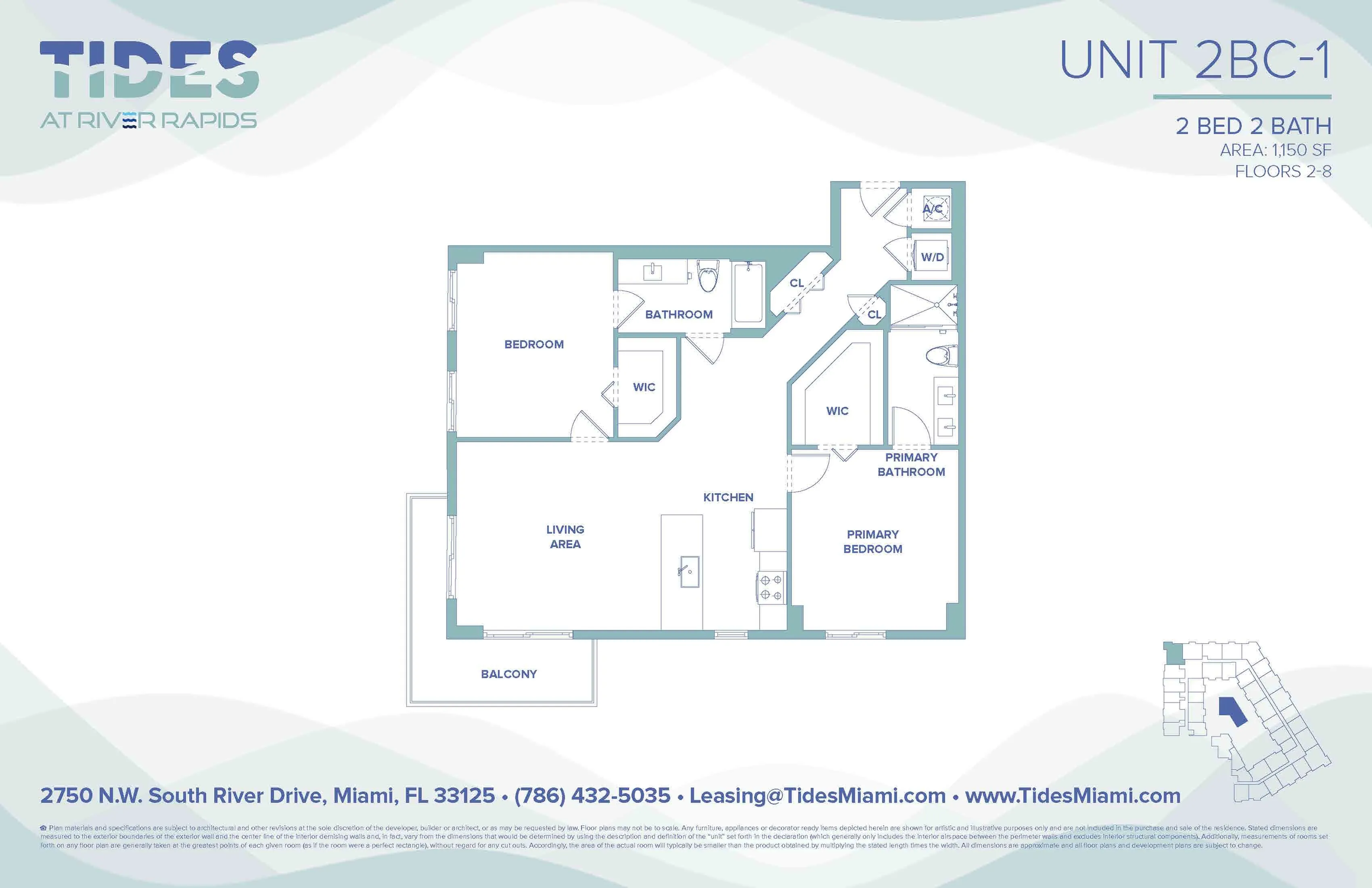 Tides at River Rapids Unit 2BC-1 floor plan showcasing 2 bedrooms, 2 bathrooms, spacious living area, modern kitchen, and balcony in Miami, 1150 sq ft.