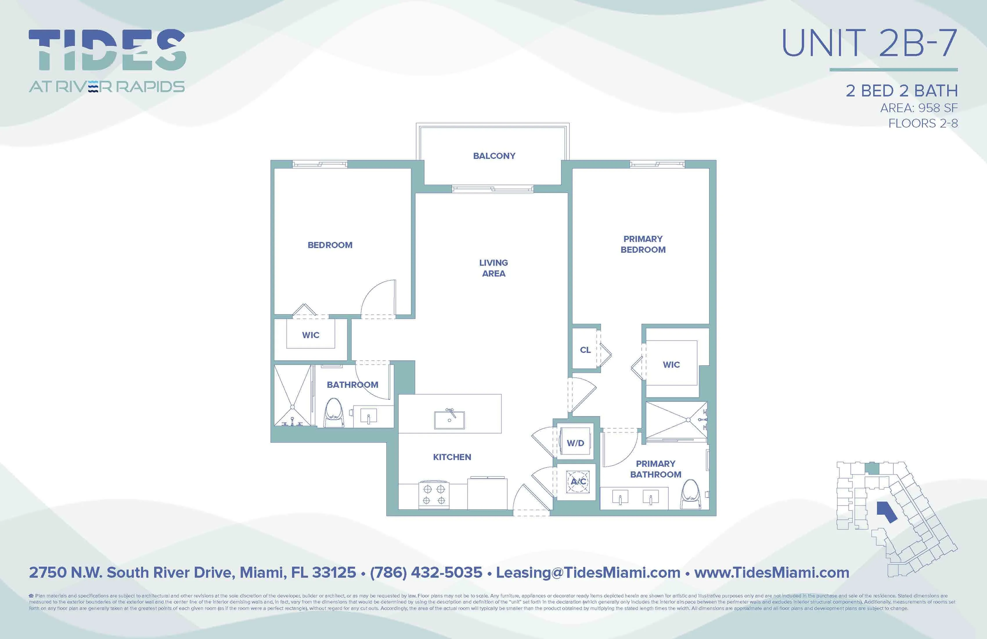 Modern floor plan of Unit 2B-7 at Tides at River Rapids featuring 2 bedrooms, 2 bathrooms, and a spacious living area with a balcony in Miami, 958 sq ft.