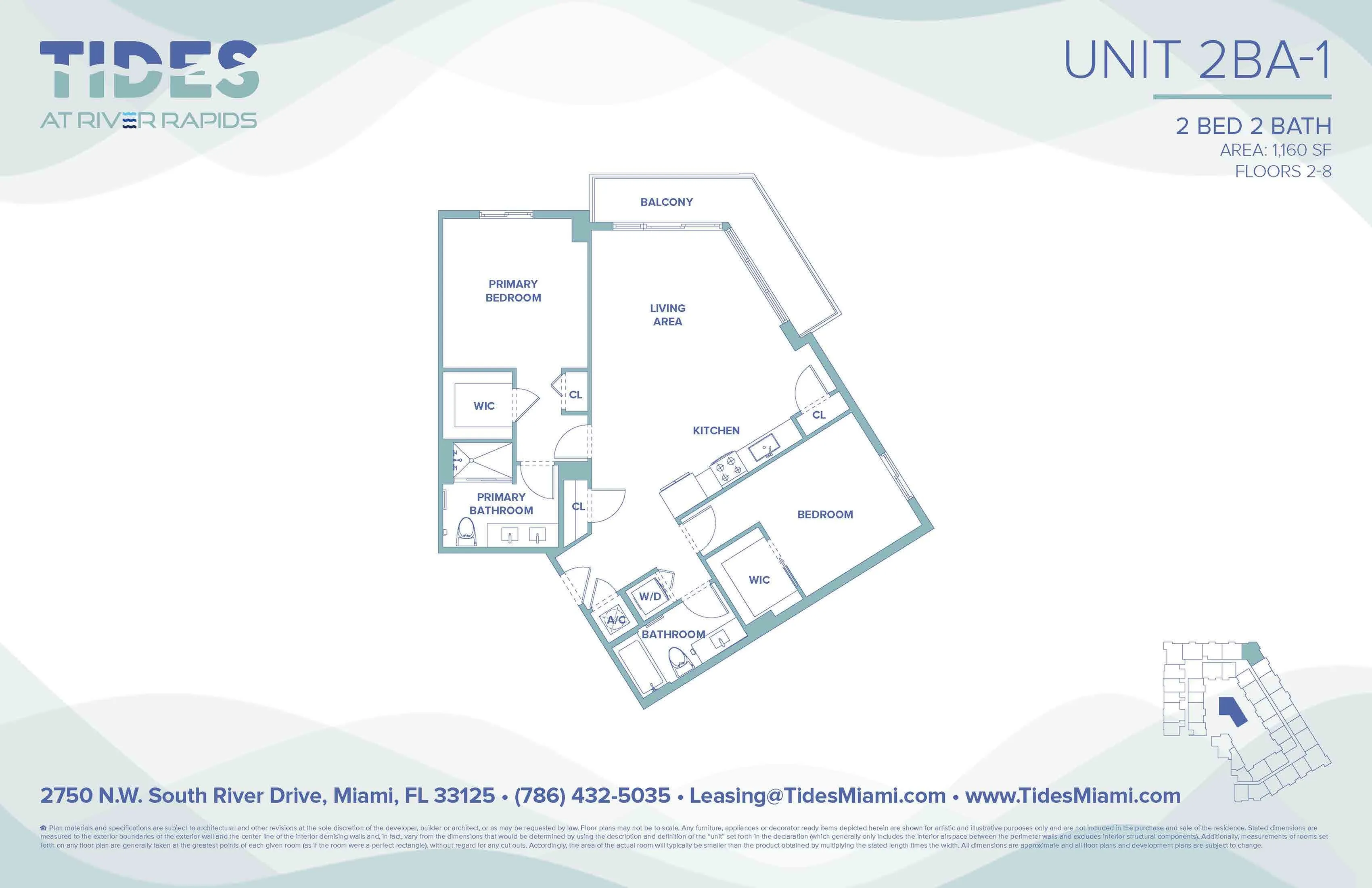 Contemporary floor plan for Unit 2BA-1 at Tides at River Rapids showcasing 2 bedrooms, 2 bathrooms, a spacious living area, and a stylish kitchen with balcony access. Ideal layout for comfortable Miami living, covering 1,160 sq ft.
