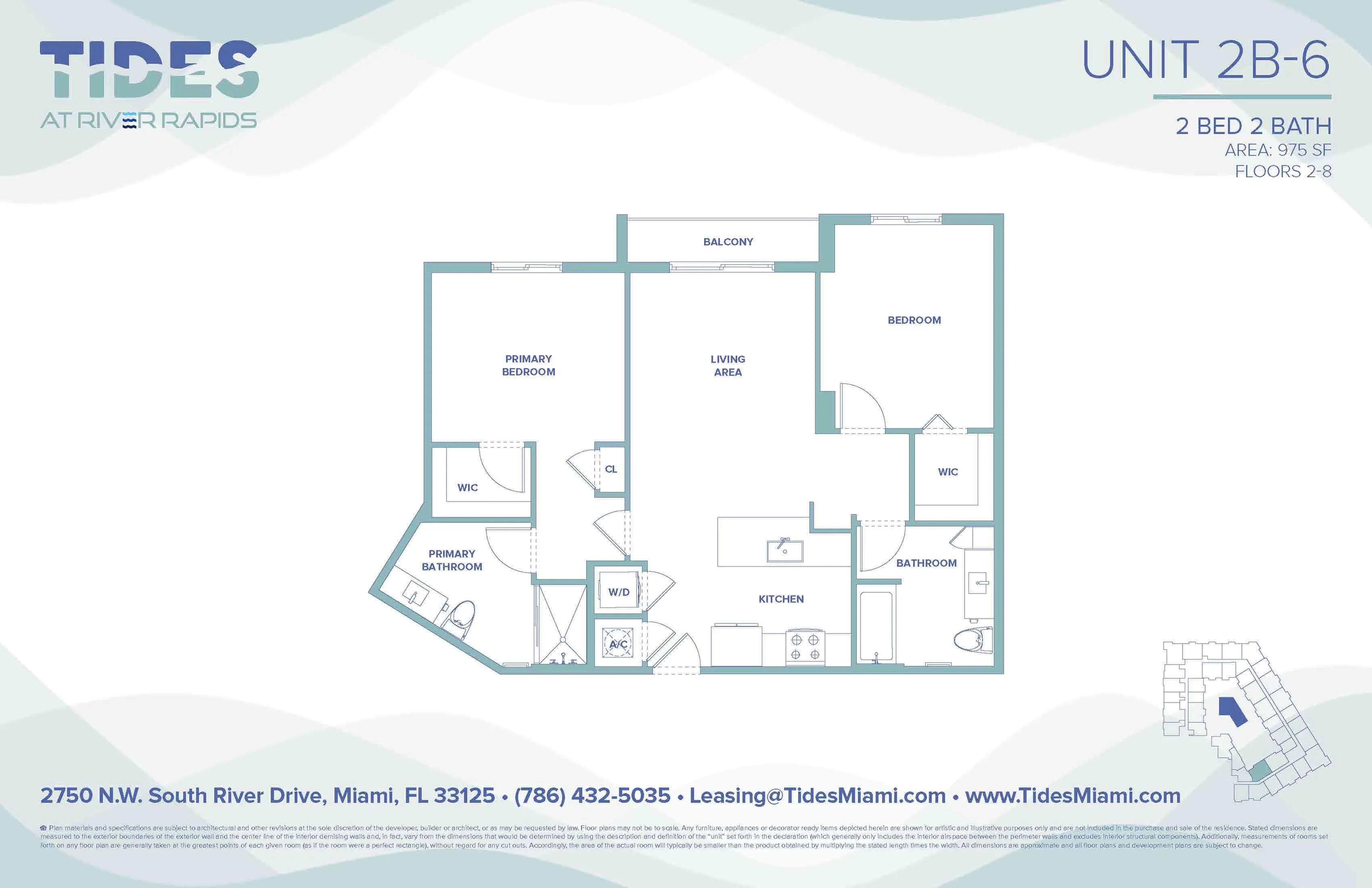 Elegant floor plan for Unit 2B-6 featuring 2 bedrooms, 2 bathrooms, a spacious living area, and a private balcony at Tides at River Rapids.