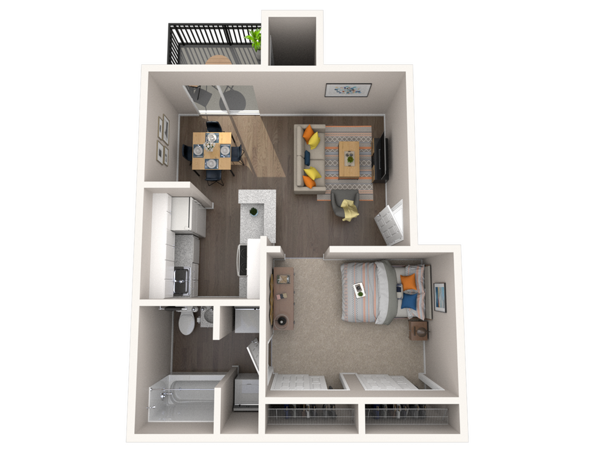Modern one-bedroom apartment floor plan with an open living-dining area, kitchen, and balcony.