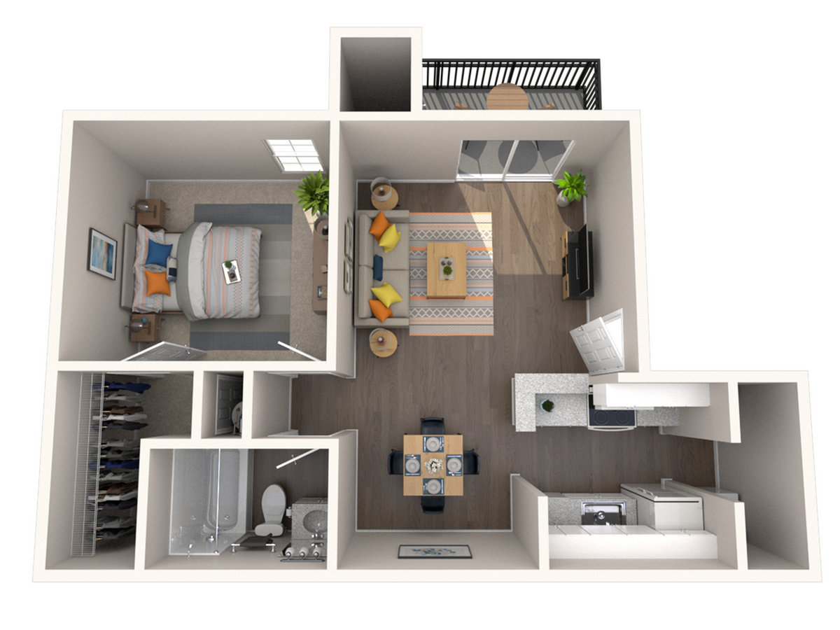 Contemporary one-bedroom apartment floor plan with open living area and kitchen, featuring balcony access and spacious design.