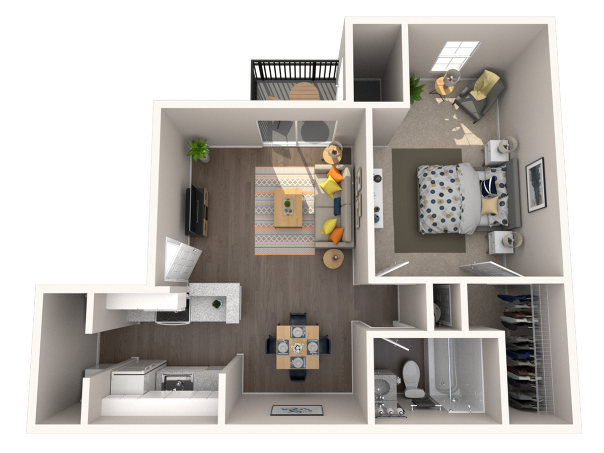 Modern floor plan showcasing a spacious 1-bedroom apartment with an open living area, cozy kitchen, and ample storage.