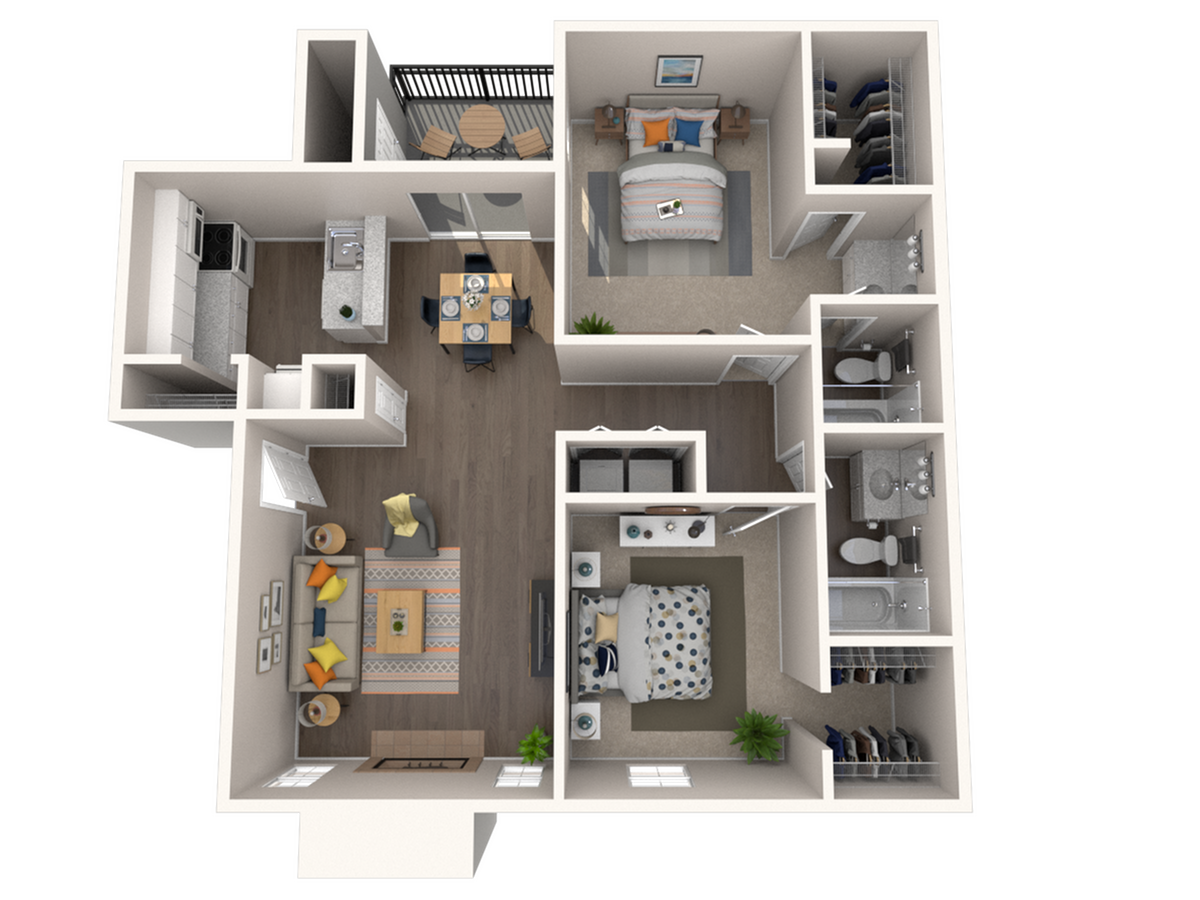 Spacious 3D floor plan of a modern two-bedroom apartment with open kitchen, cozy living room, balcony, and two bathrooms.