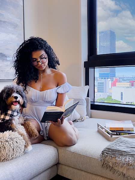 Elegant city apartment in downtown Miami with cozy reading nook, large window view, and adorable pet ambiance.