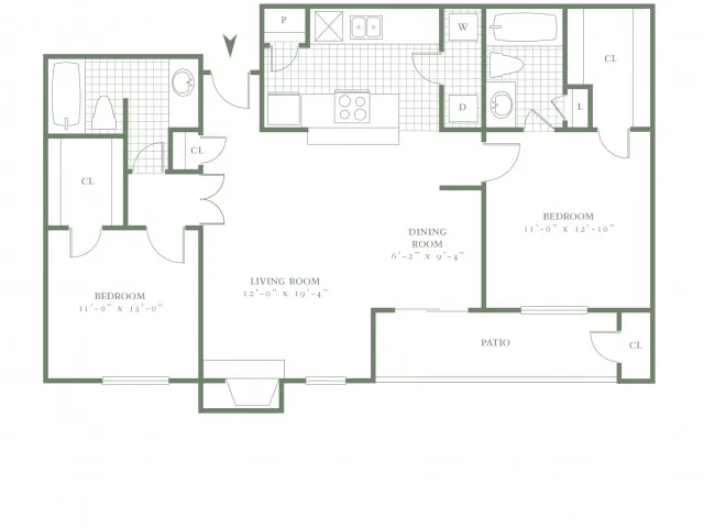 2 Bed, 2 Bath, 972 S.F.