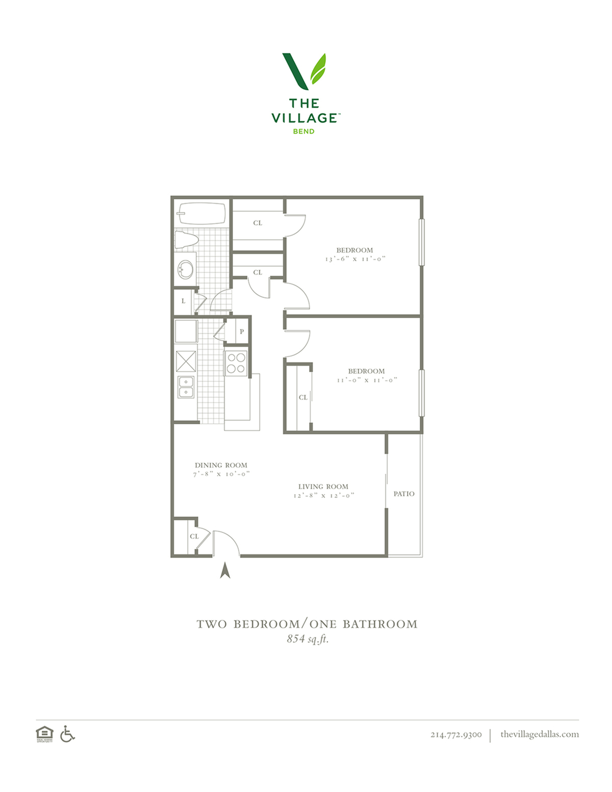 2 Bed, 1 Bath. 854 SQFT.