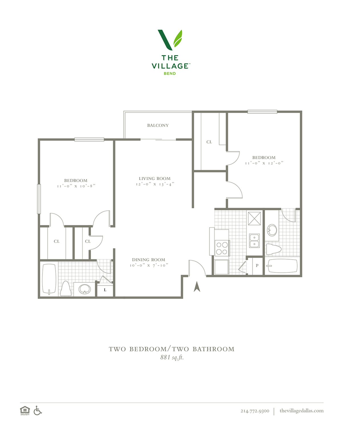 2 Bed, 2 Bath. 881 Sqft.