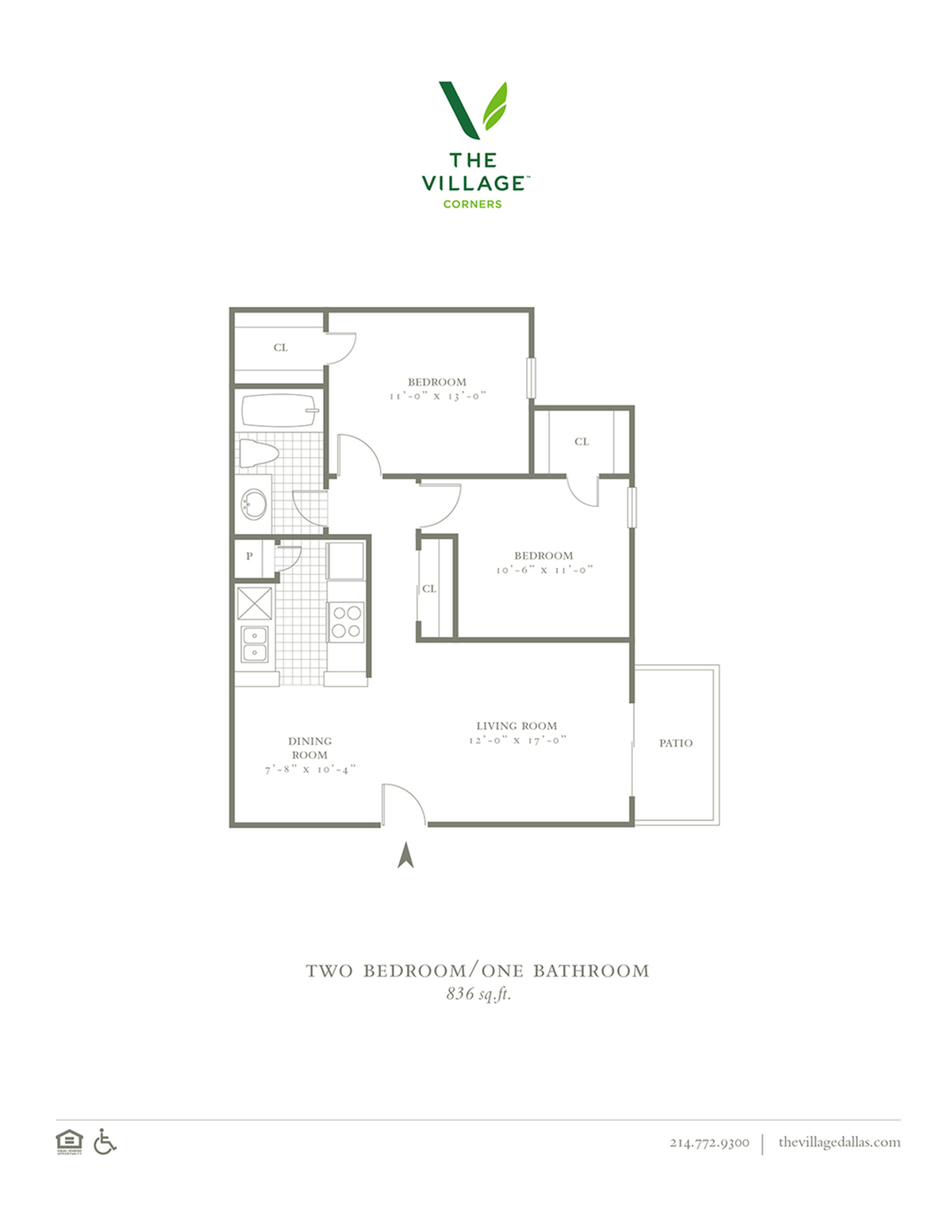 2 Bed, 1 Bath. 836 Sqft.