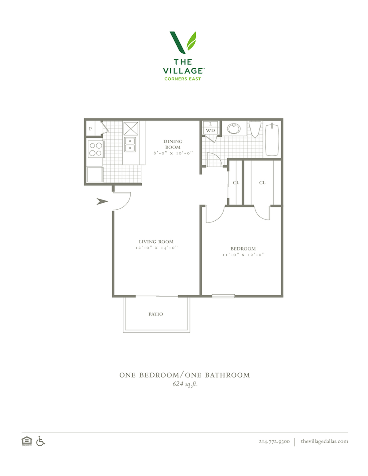 1 Bed, 1 Bath. 624 Sqft.